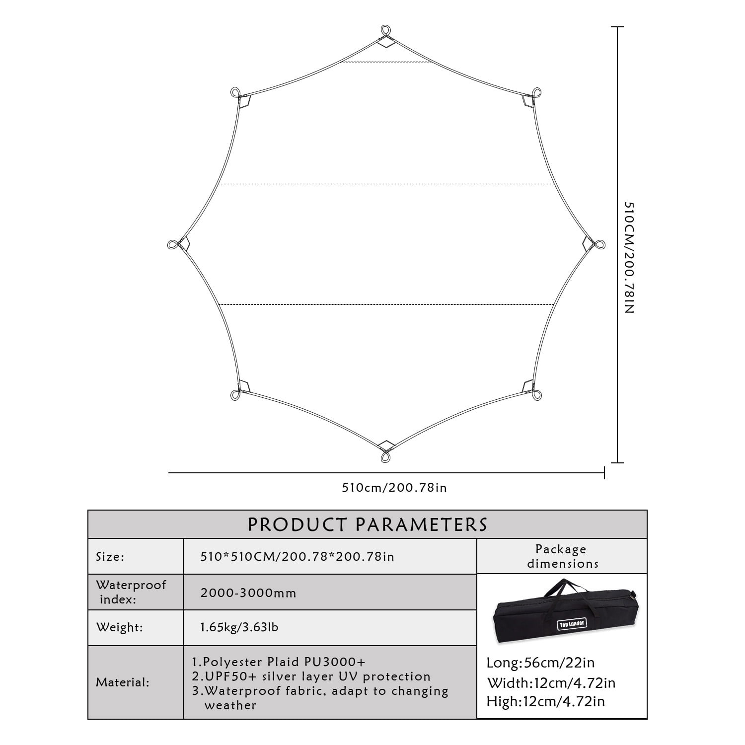 16x16ft Large Camping Tarp Waterproof Shade Awning Tent Sunshade Khaki Camping Sun Shelters (Without Pole) - Image 3