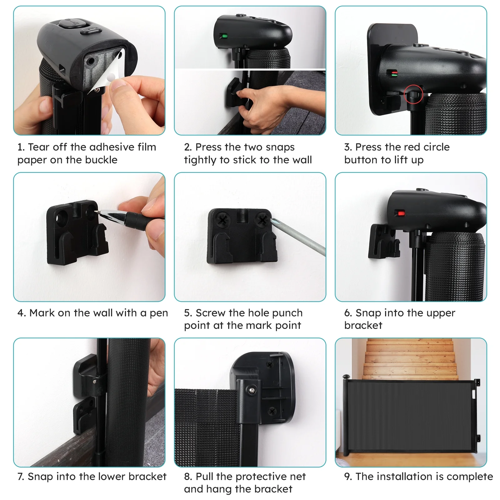 118inch Retractable Baby Gate Extra Wide for Doorways,Mesh Extra Long Dog Gate for Stairs,Child Safety Extra Large Gate for Doorways, Stairs, Hallways, Indoor/Outdoor(Black) - Image 7