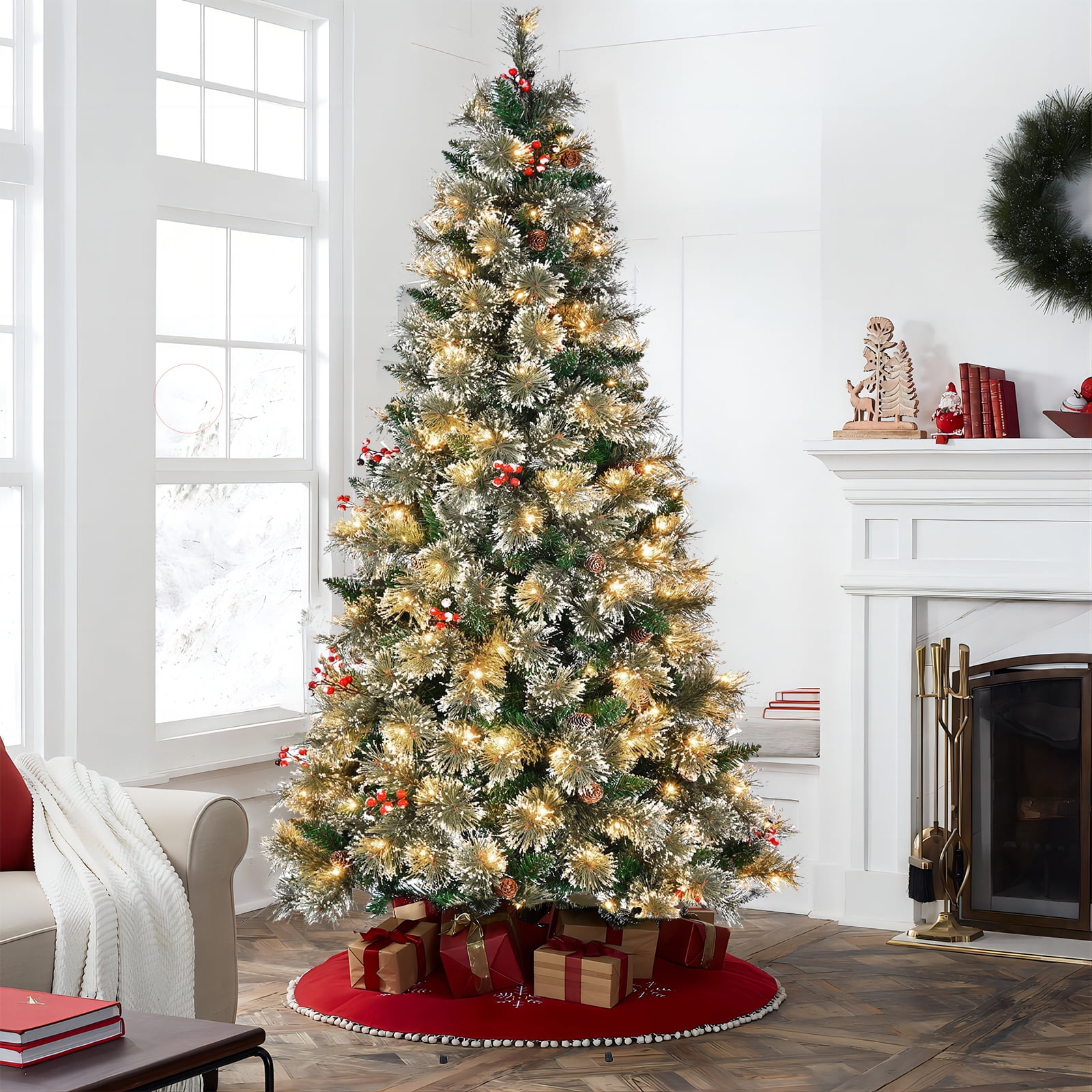 SUGIFT 6.5ft Pre-Lit Premium Pine Artificial Christmas Tree with Red Berries, 200 LED Lights, Green - Image 6