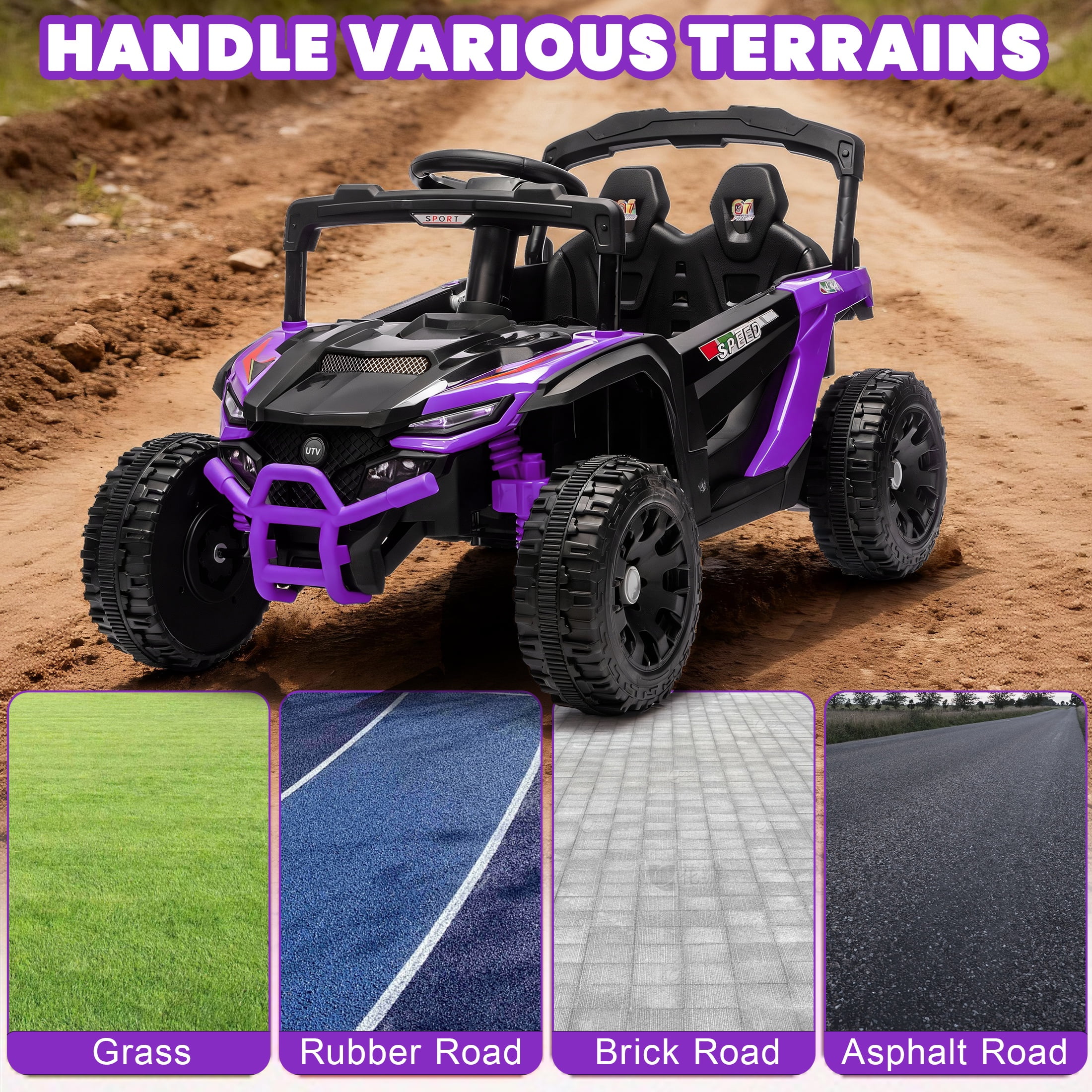 iYofe 24V Powered Ride on Toys with Remote Control, Kids Ride on Car UTV for Boys Girls Ages 3-5, Ride on Vehicles Electric Cars for Kids with Bluetooth, Music, LED Light, 4 Wheels Suspension, Purple - Image 6