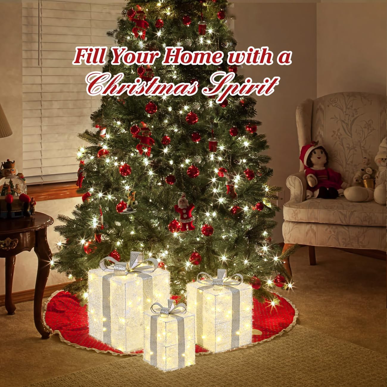 uxspire LED Gift Boxes Set of 3, Battery Operated, Metal Frame, White, 90 LED Bulbs, Indoor/Outdoor - Image 4