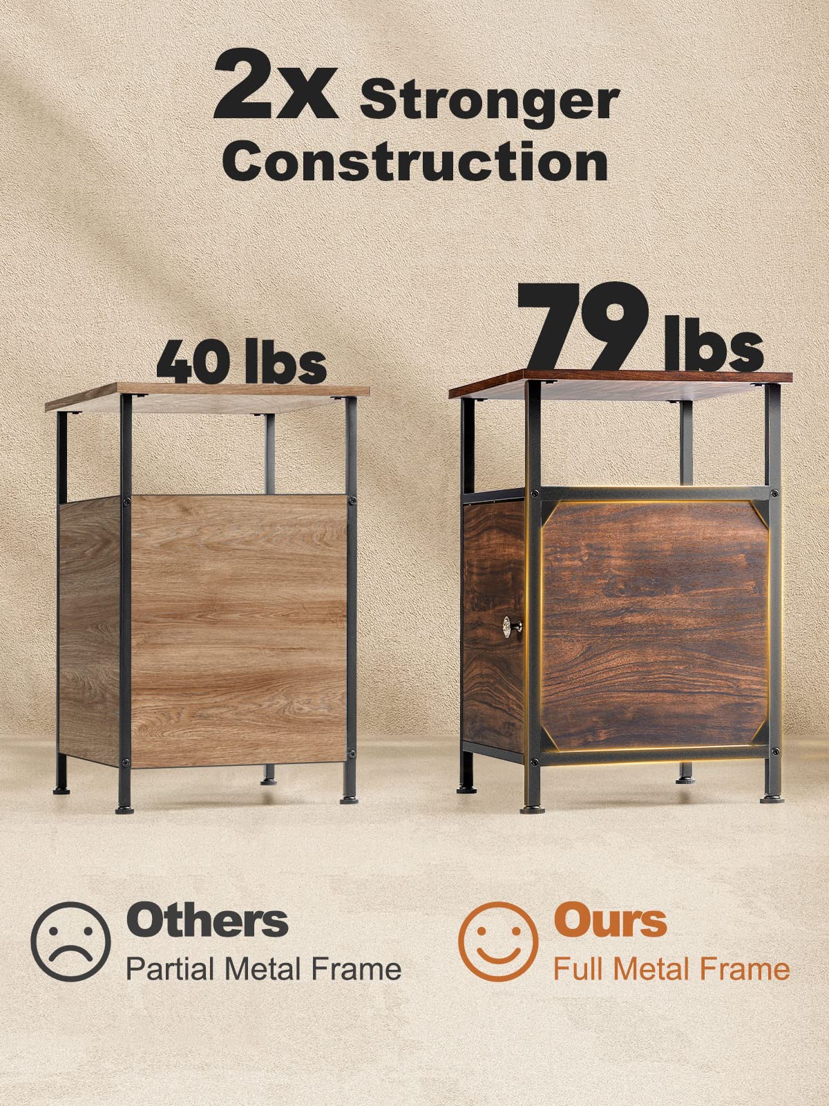 2-Tier Rustic Full Metal Frame Nightstand Table Bedside End Table with Drawer for Livingroom Bedroom - Image 3