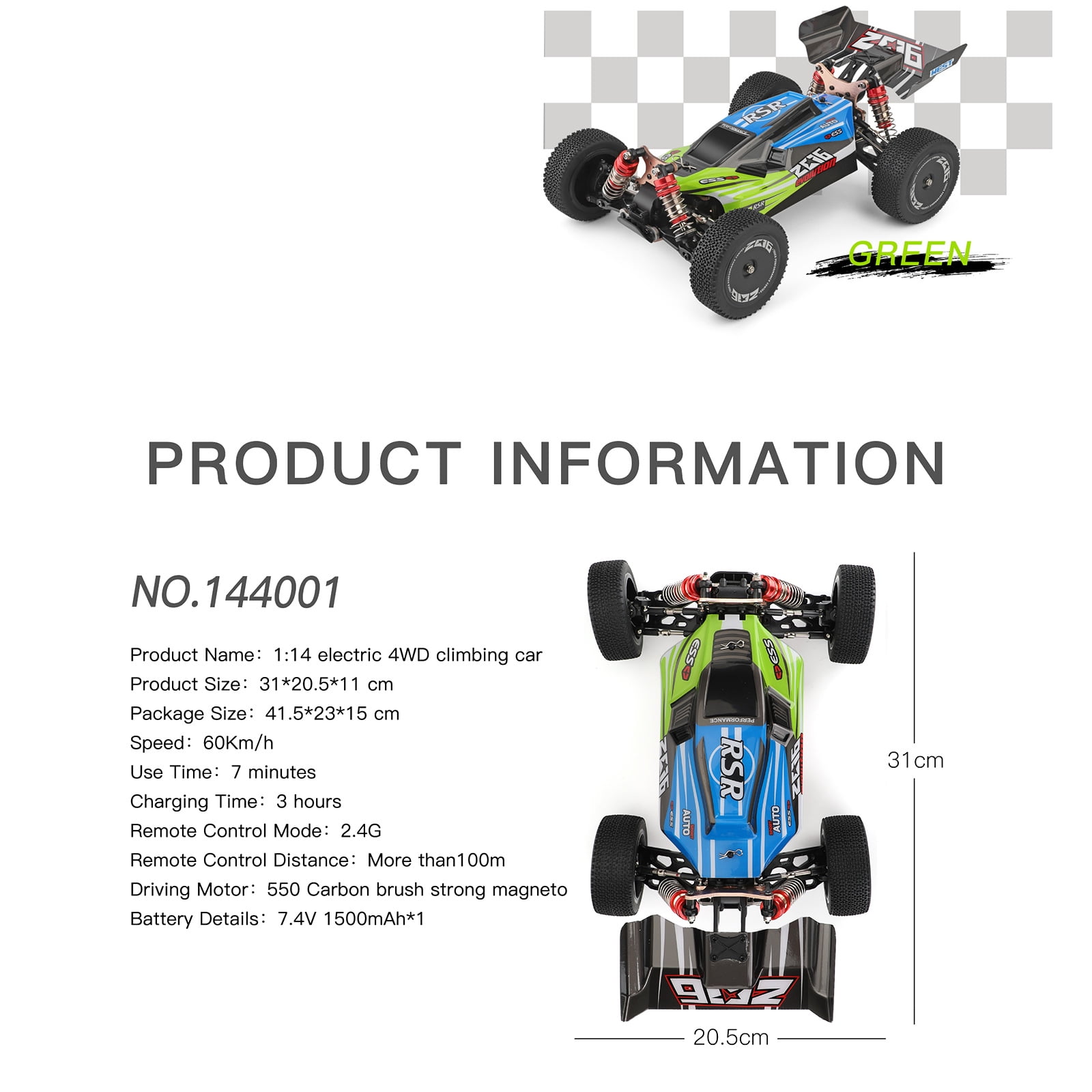 RC Car Buggy with Charger Extra 1500mAh Battery, 1:14 Full Scale 4WD 60km/h High Speed Racing Off-Road Drift for Kids Adults (Green) - Image 9