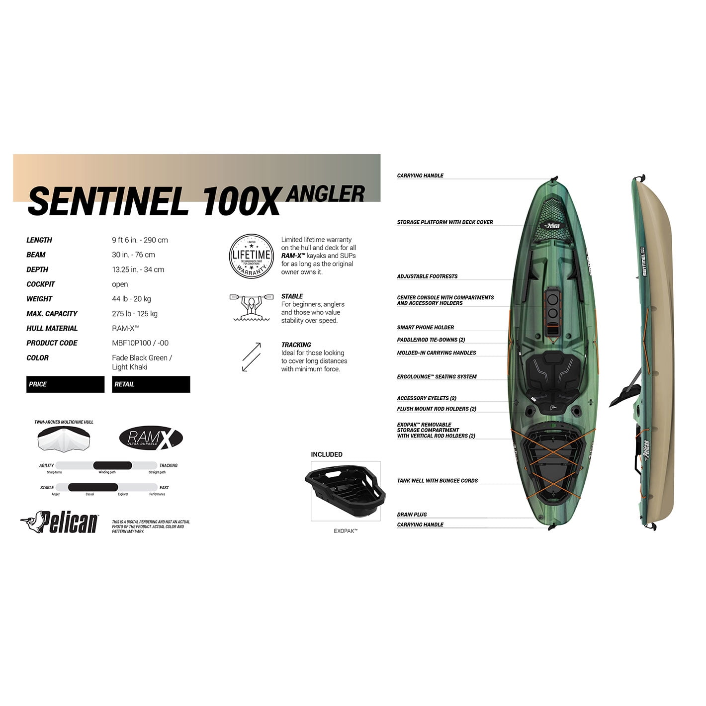 Pelican - Sentinel 100X - Angler Fishing Kayak - 10 ft - Fade Black Green - Image 7