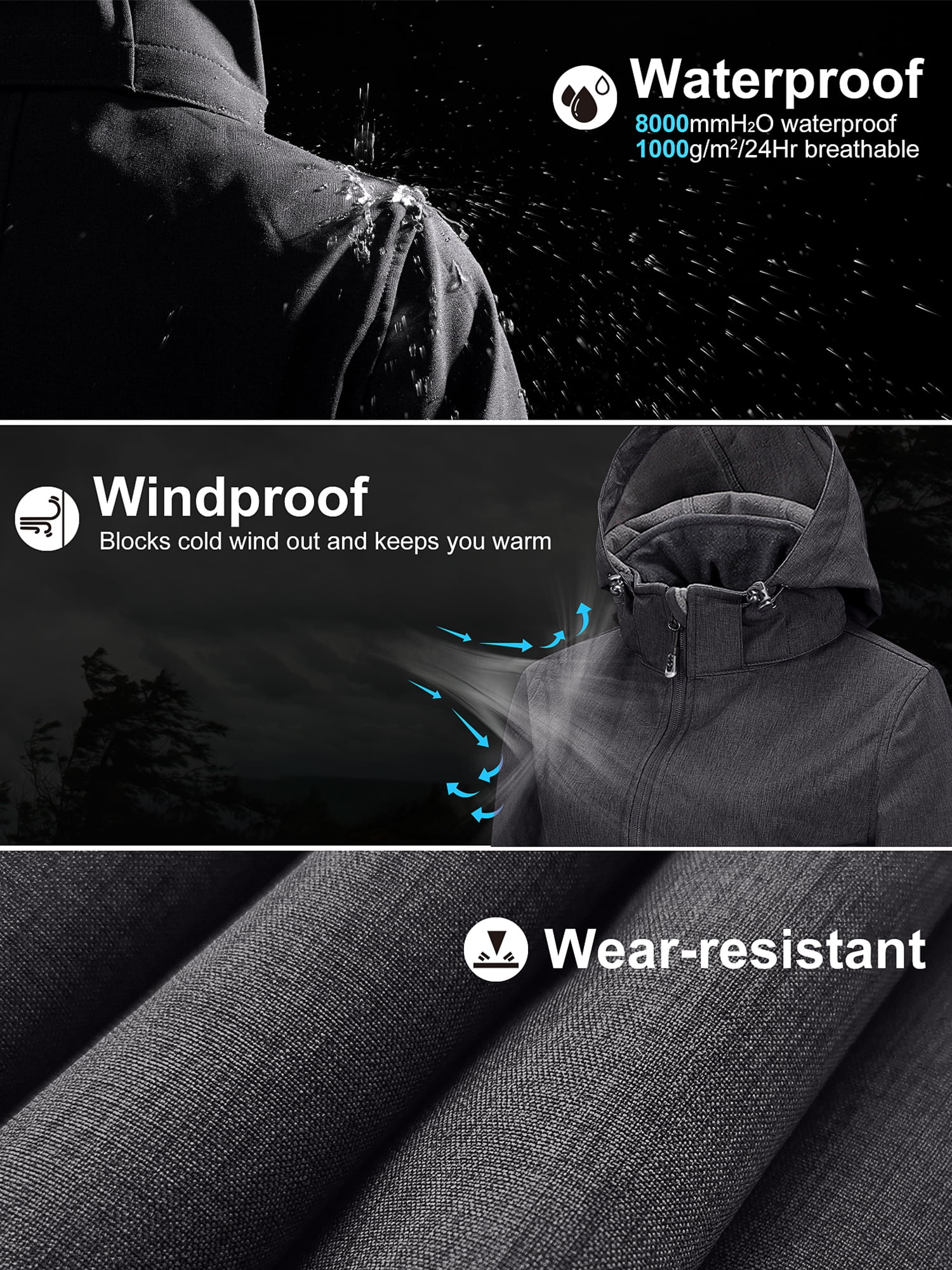 33,000ft Women's Waterproof Softshell Long Rain Jacket with Hood Fleece Lined Windproof Windbreaker - Image 6