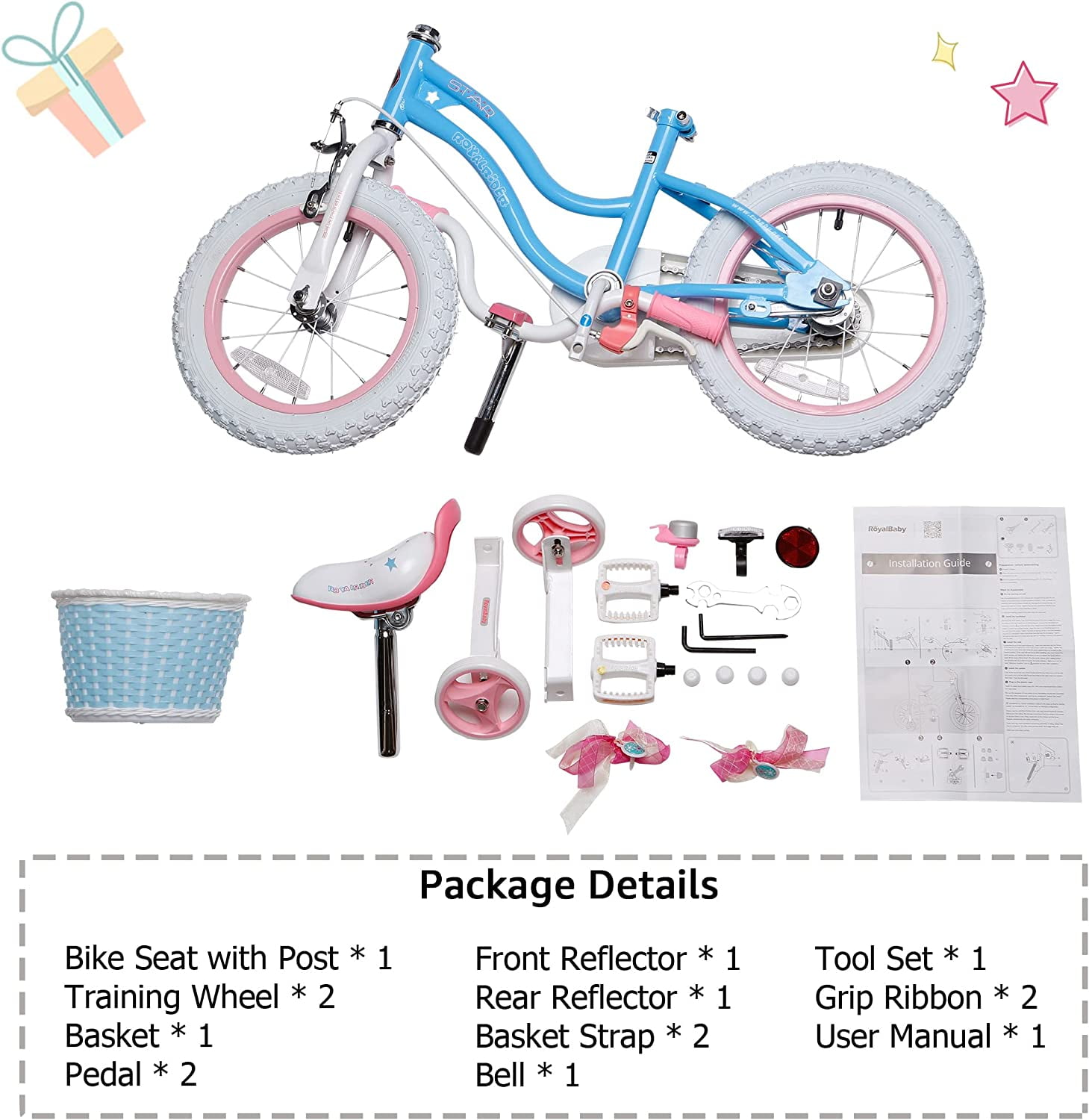 Royalbaby Girls Kids Bike Star girl 14 In Bicycle Basket Training Wheels Blue Child's Cycle - Image 5