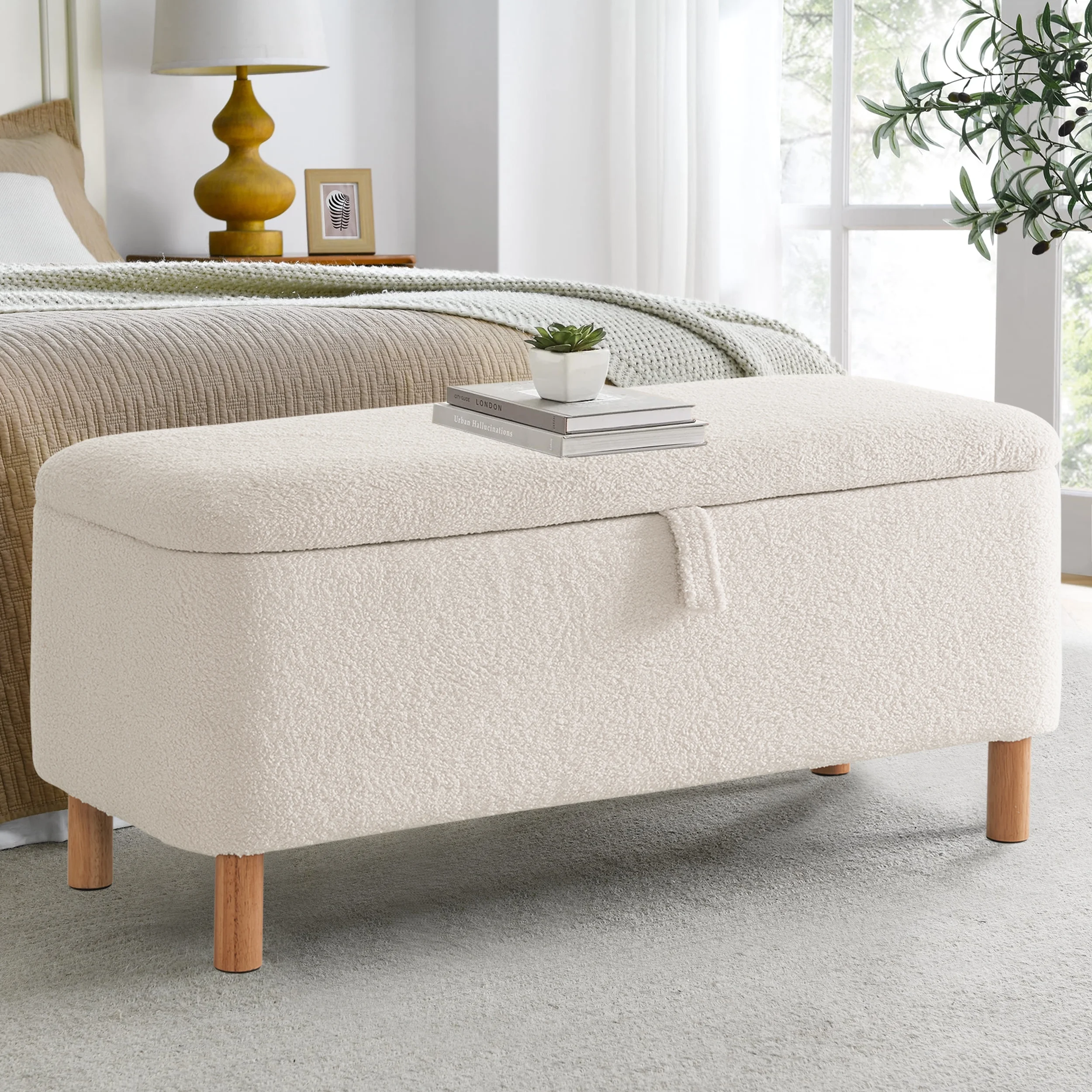 39.5" Boucle Storage Ottoman Bench for Living Room Bedroom Foot Rest End of Bed Wood Leg White - Image 3