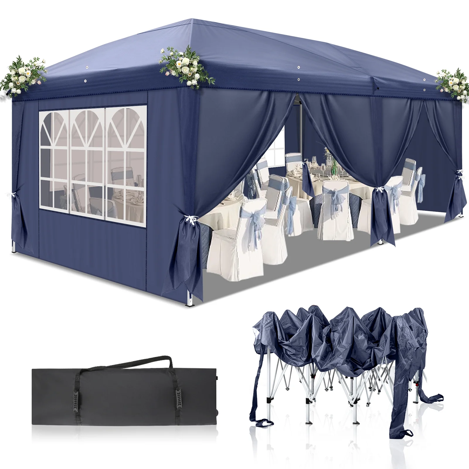UBesGoo Ez Pop Up Patio Canopy Tent Gazebo Outdoor Party with 6 Sidewalls 10 x 20 ft Blue - Image 3