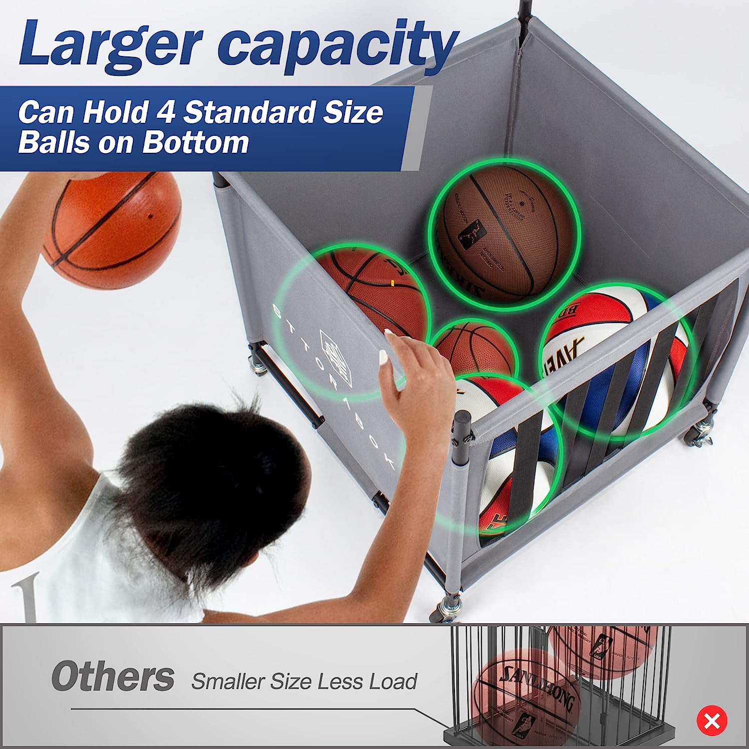 Sttoraboks Sports Ball Storage Cart with Wheels, Lockable Ball Organizer Basket with Elastic Straps, Stackable Ball Cage for Garage Storage, Gym, Sports Equipment Storage Oxford Bin, Ball Case - Image 4