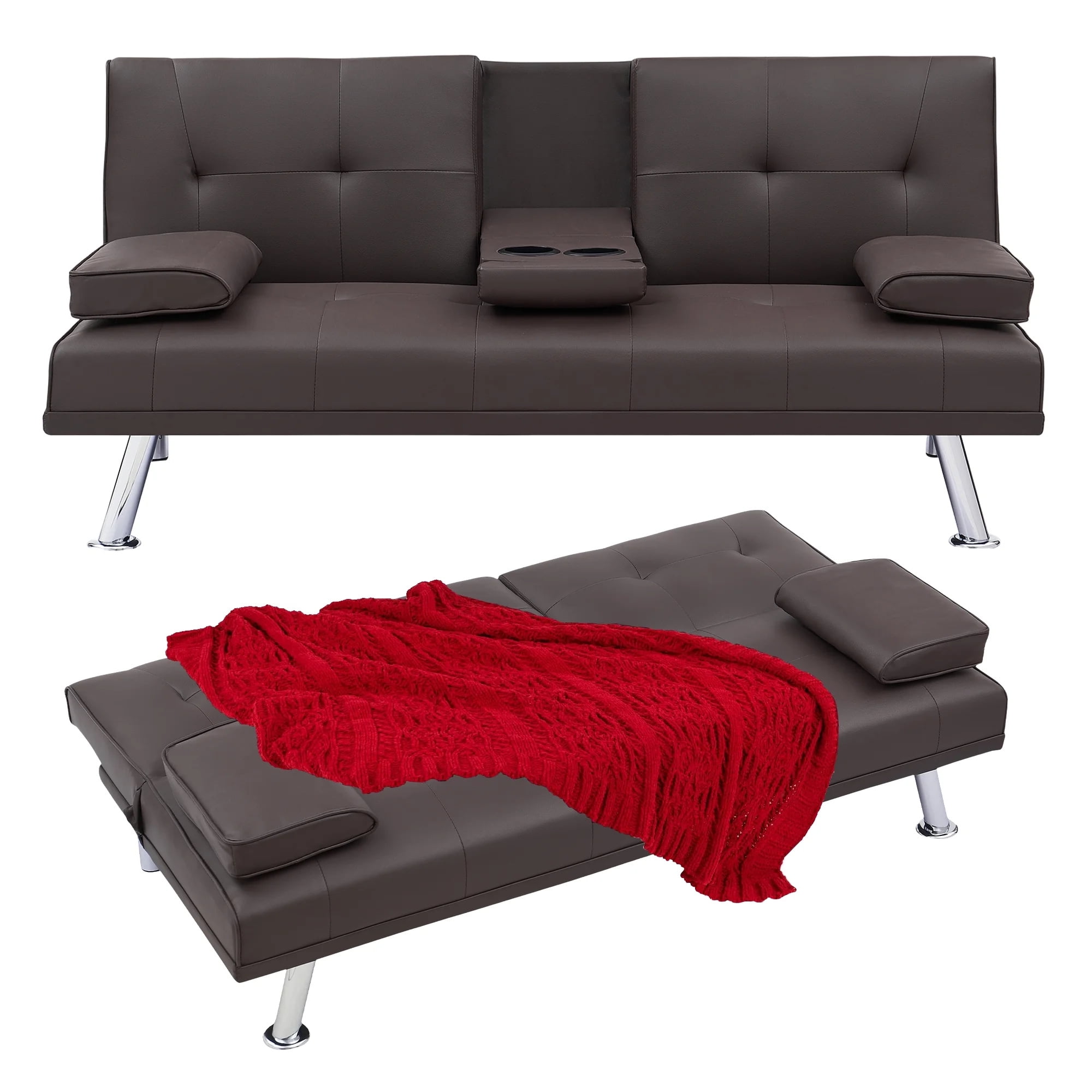 Aukfa Leather Futon Sofa Bed Modern Convertible Couch Folding Chaise with 2 Cup Holders, Brown - Image 8