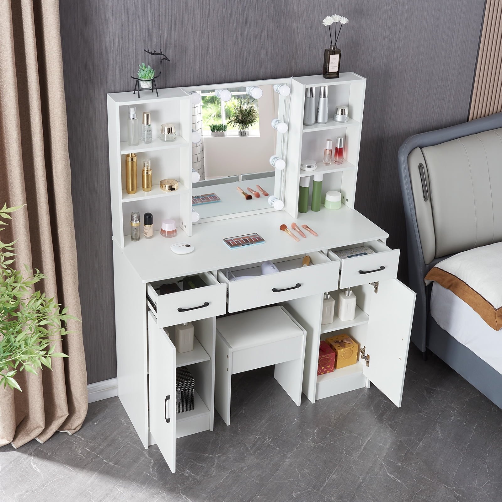 Yamissi Vanity Set with Mirror and Lights, Modern Makeup Vanity Desk with Stool & Drawers, Dressing Table Dresser for Women Girls Bedroom, White - Image 9