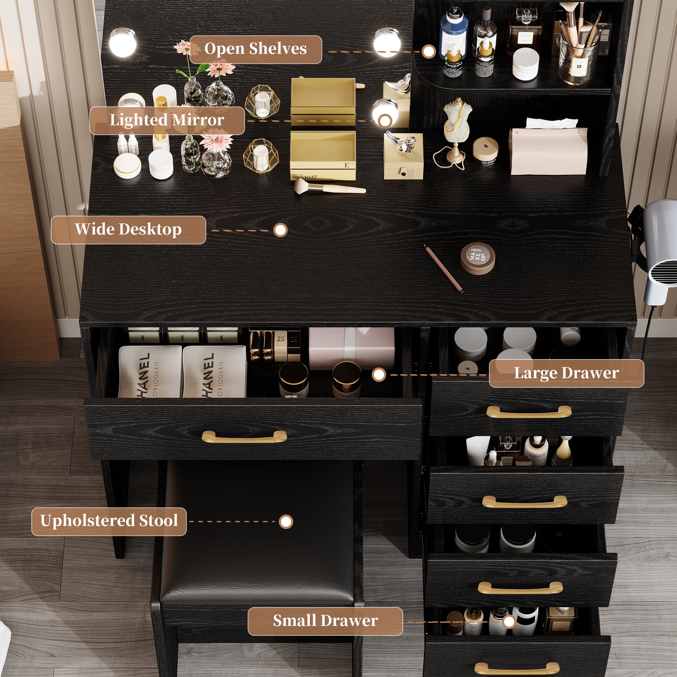 Vanity Set with Mirror, UHOMEPRO Lighted Makeup Vanity Desk with 5 Drawers, 3 Storage Shelves, Hair Dryer Rack, and Cushioned Stool, Modern Makeup Desk Dressing Table for Girls Bedroom, Black - Image 6