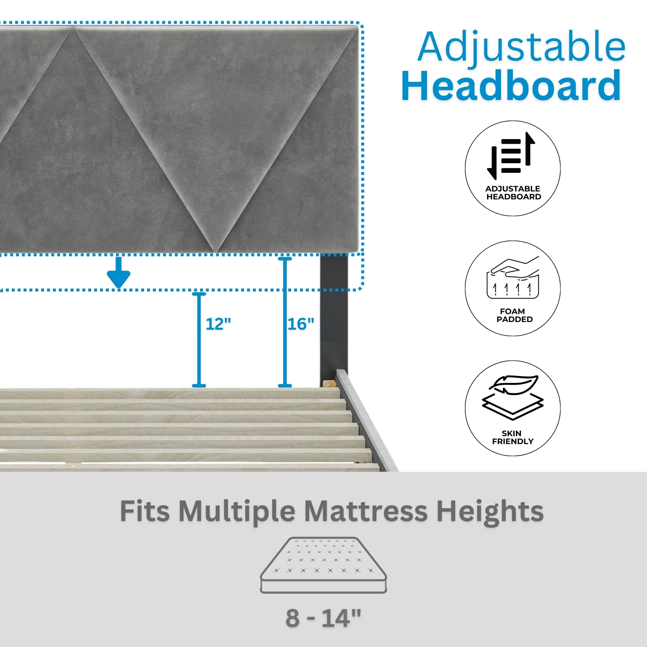 Boyd Sleep Vector Gray Velvet Queen Size Upholstered Platform Bed Frame with Adjustable Headboard - Image 7