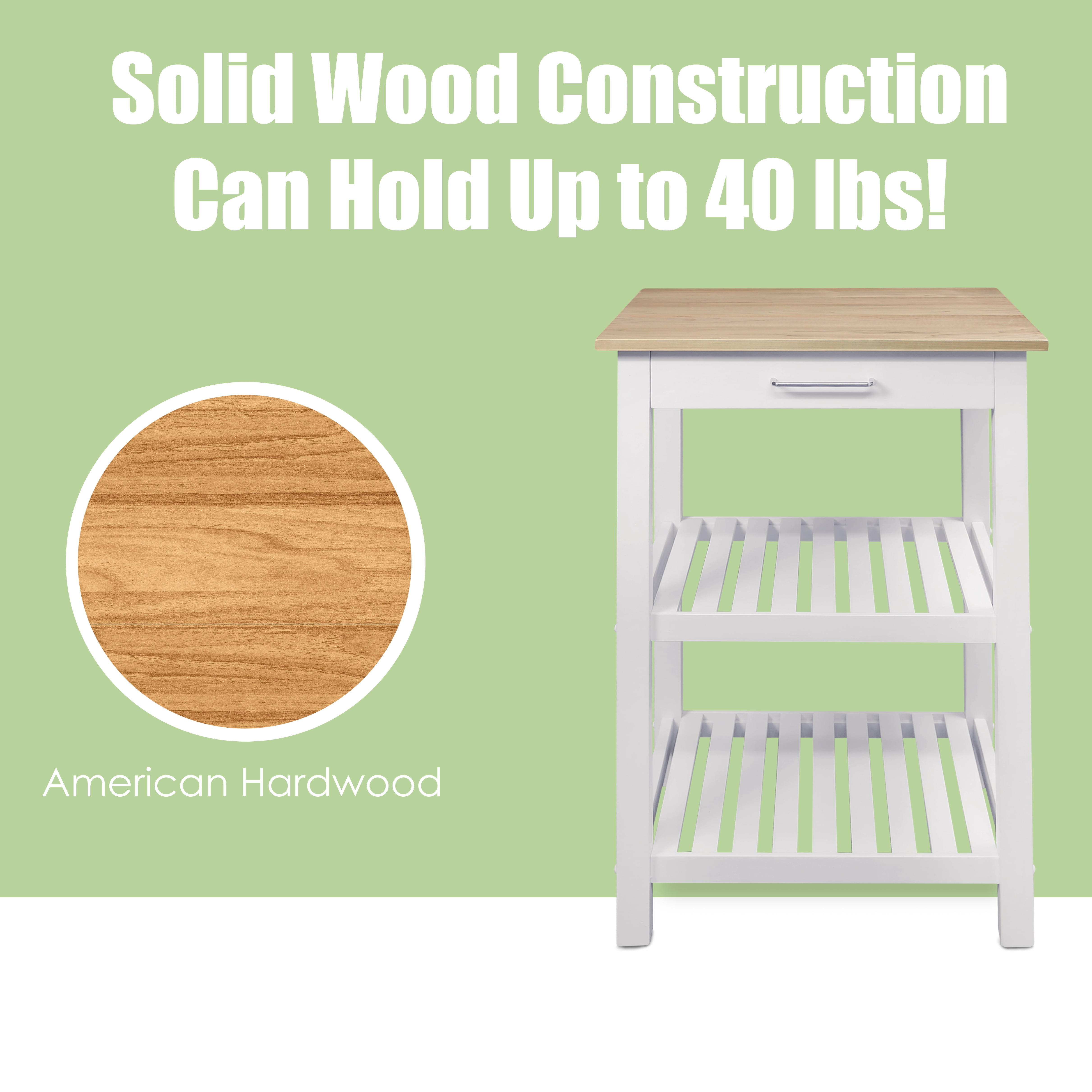 Casual Home Solid Wood 22.75"W Kitchen Island with Drawer, Two Shelves, and Towel Racks, American Maple Top, Two-Tone Finish (Natural White) - Image 7