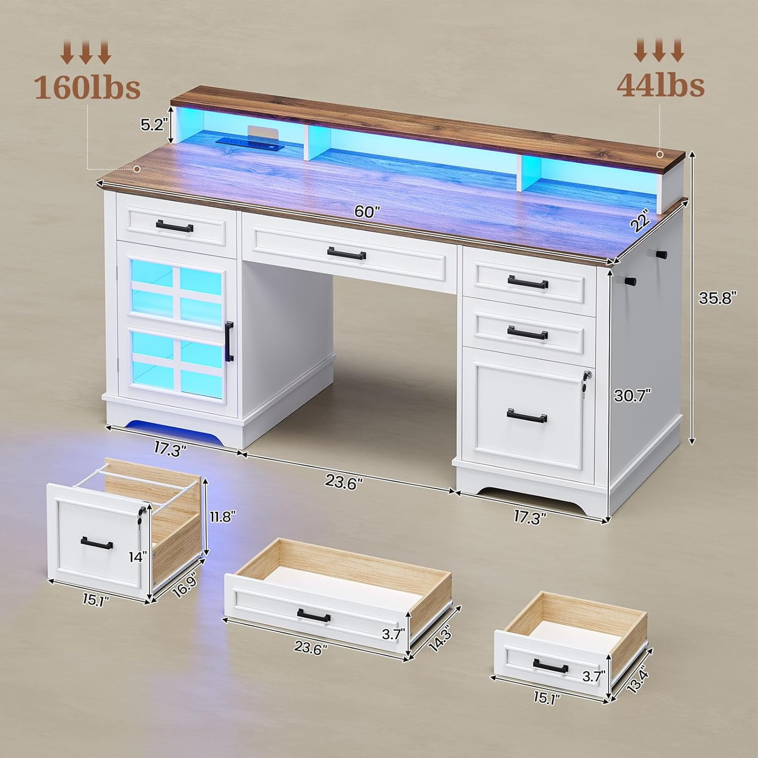 60'' Farmhouse Executive Desk with Drawers, Computer Desk with Power Outlet and LED Lights for Home, Office, White - Image 8