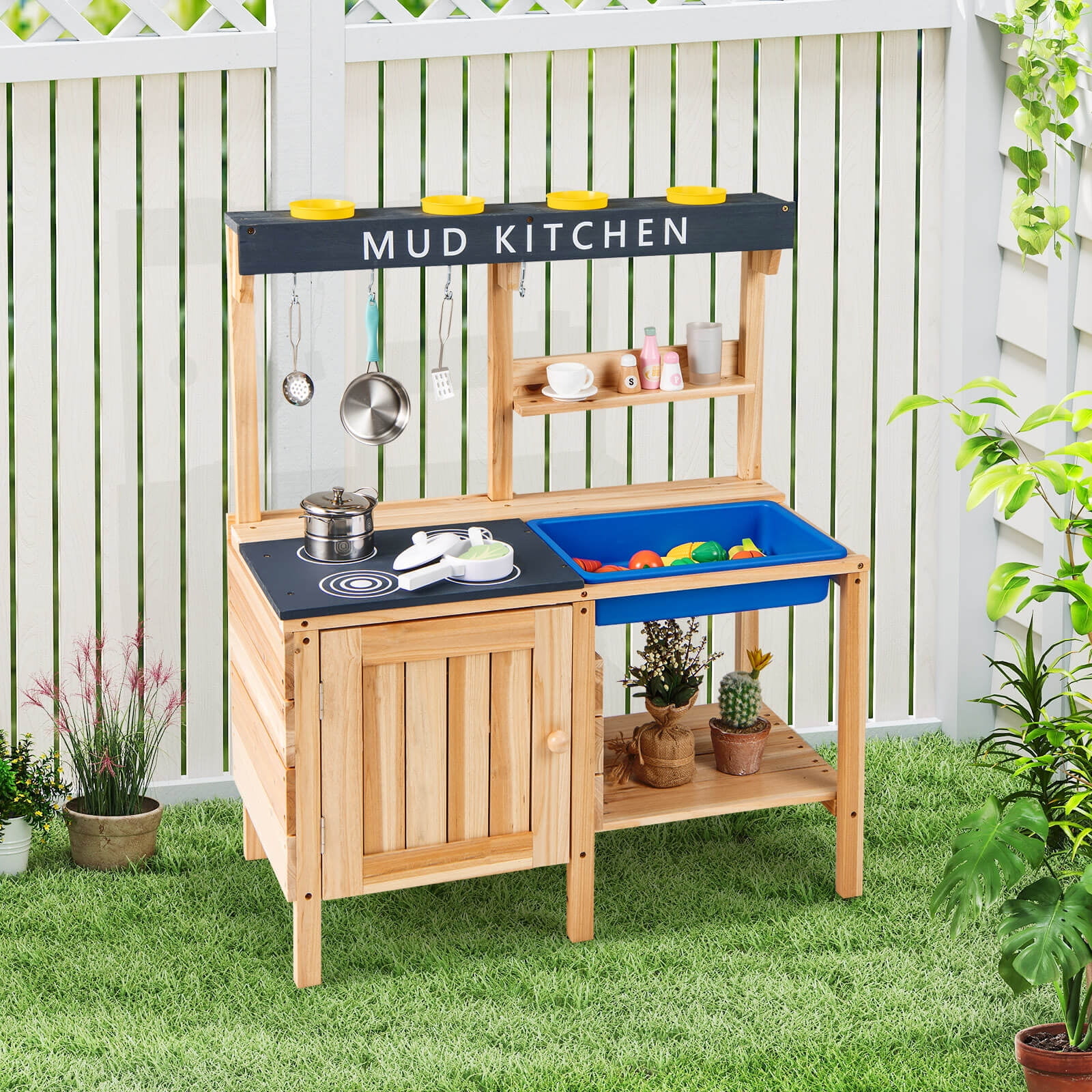Costway Kids Kitchen Playset Wooden Outdoor Mud Kitchen Pretend Play Toy W/ Kitchenware - Image 7