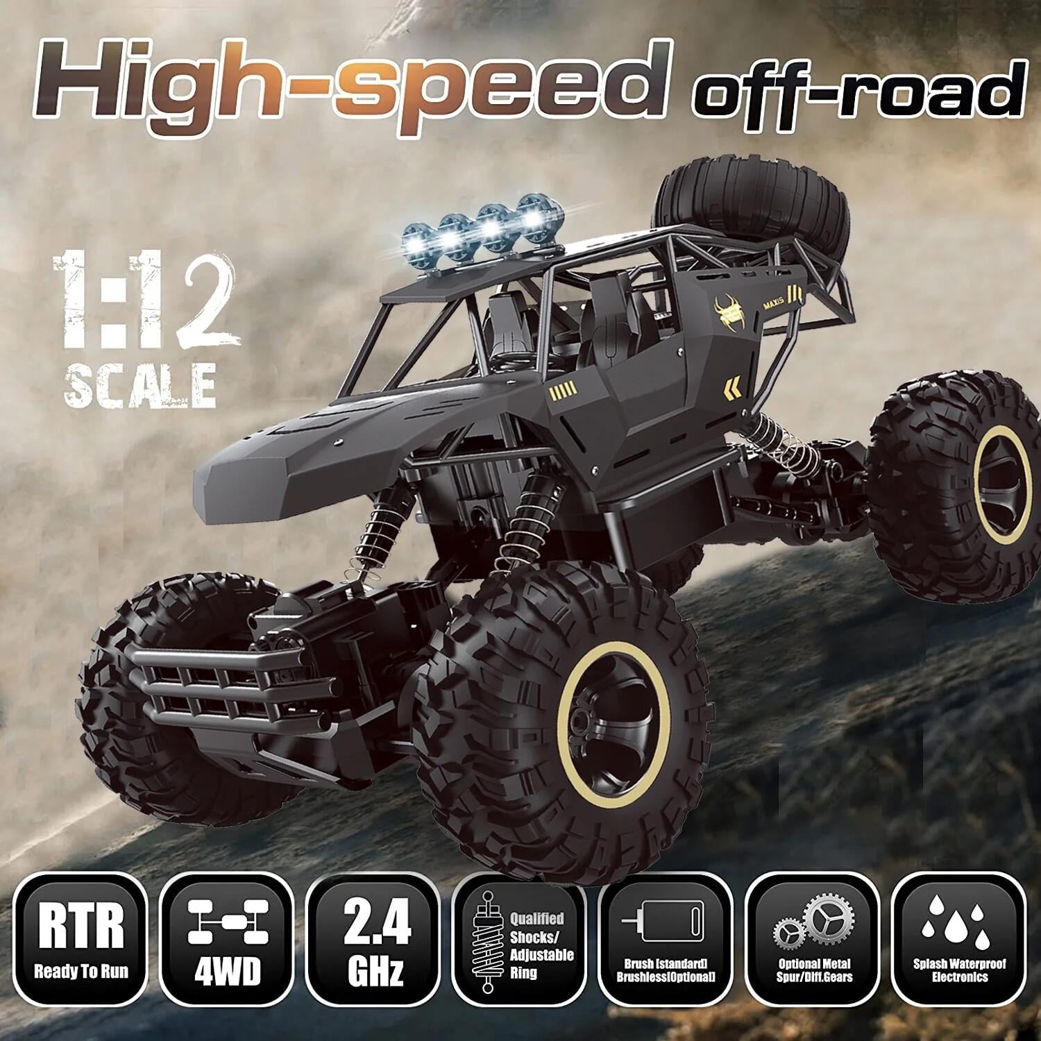 4DRC 1:12 Rc Car,off Road Truck Remote Control Car Metal Shell 2.4G 4WD Dual Motors, with 2 Batteries Black - Image 11