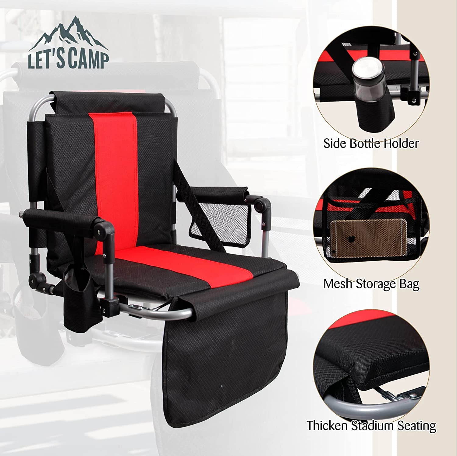 Folding Stadium Seat Bleacher Chair with Cup Holder, Mesh Bag and Hide Hooks, Portable Stadium Chair with Back and Cushion - Image 6