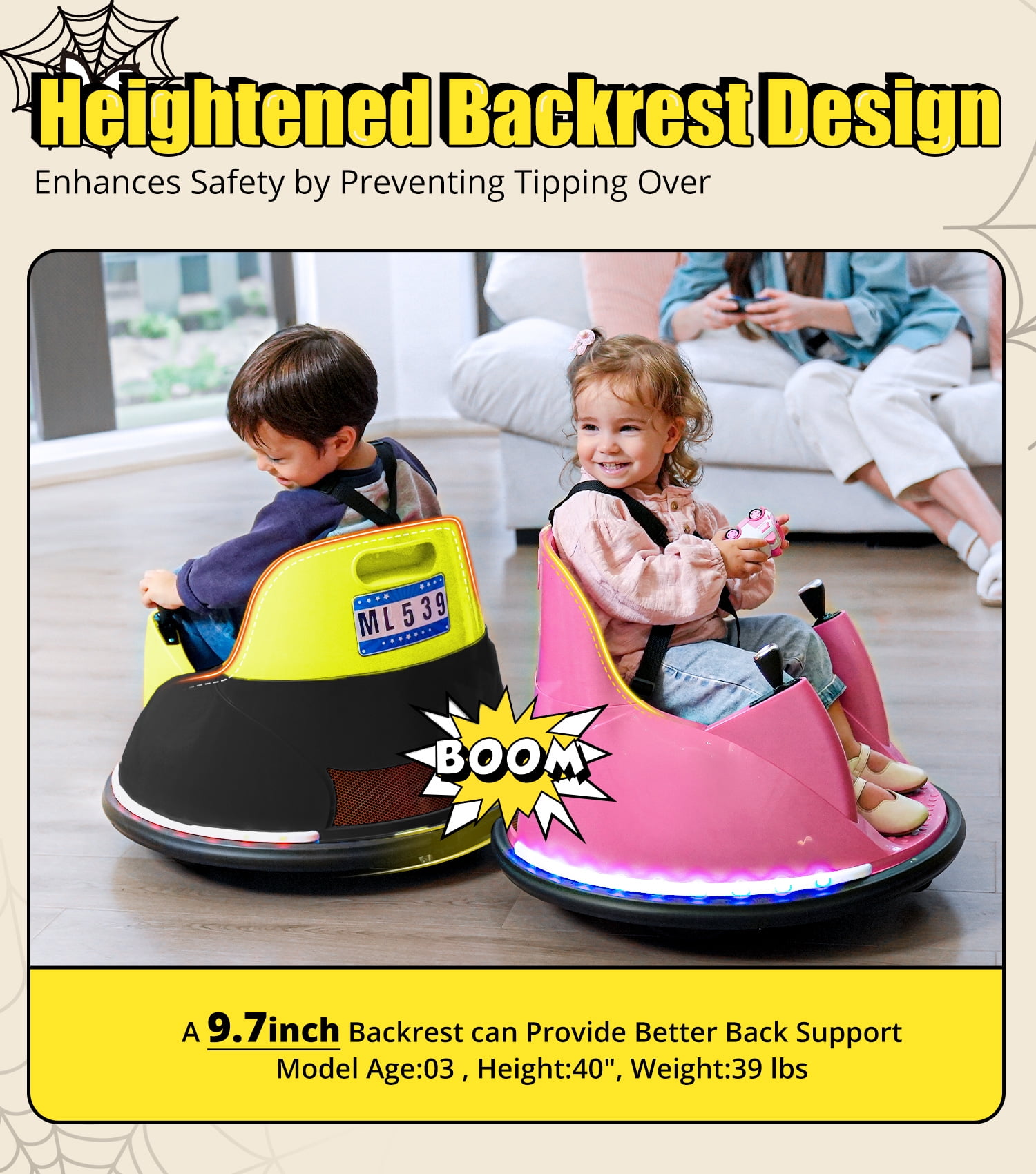 12V bumper car with remote control, Flashing lights, Music & DIY stickers for kids & toddlers - Image 6