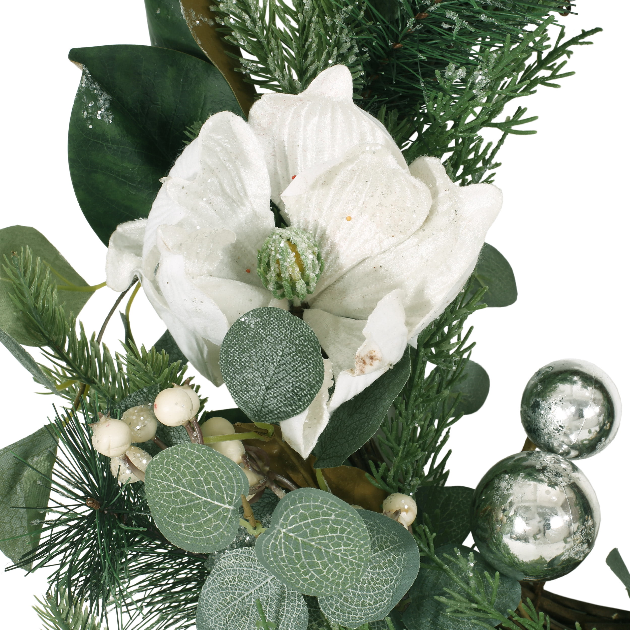 Noble House Torelli Artificial Eucalyptus and Pine Wreath with Magnolias, Green and White, 21.75" - Image 3