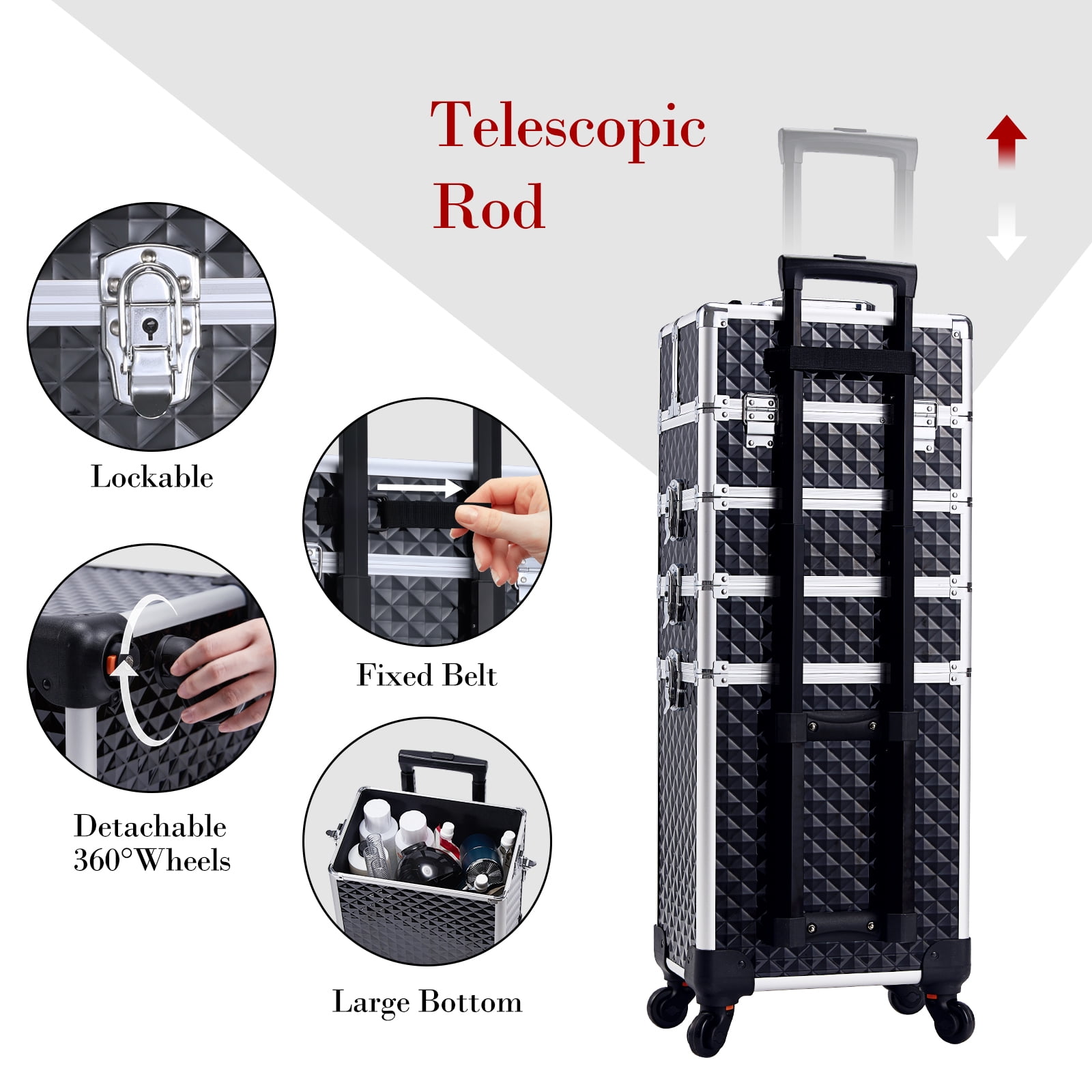 Velore Professional Rolling Makeup Case with Wheels 4 in 1 Aluminum Cosmetic Train Case Trolley Box Salon Barber Suitcase - Image 7