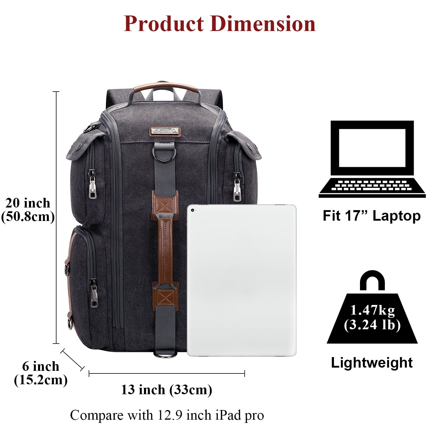 WITZMAN Travel Backpack for Men Carry On Canvas Backpack Luggage Outdoor Duffel Bag (6661 Black) - Image 9