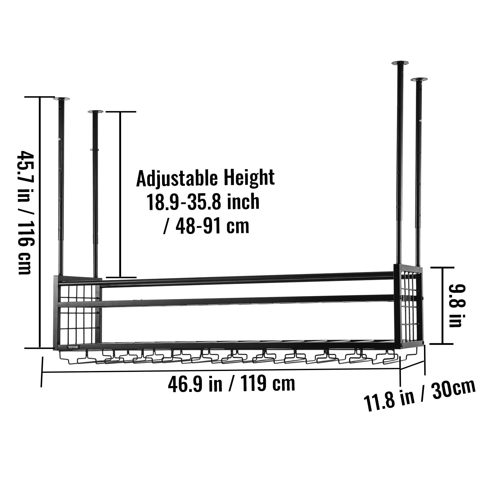 VEVOR Ceiling Wine Glass Rack, 46.9 x 11.8 inch Hanging Wine Glass Rack, 18.9-35.8 inch Height Adjustable Hanging Wine Rack Cabinet, Black Wall-Mounted Wine Glass Rack Perfect for Bar Cafe Kitchen - Image 9