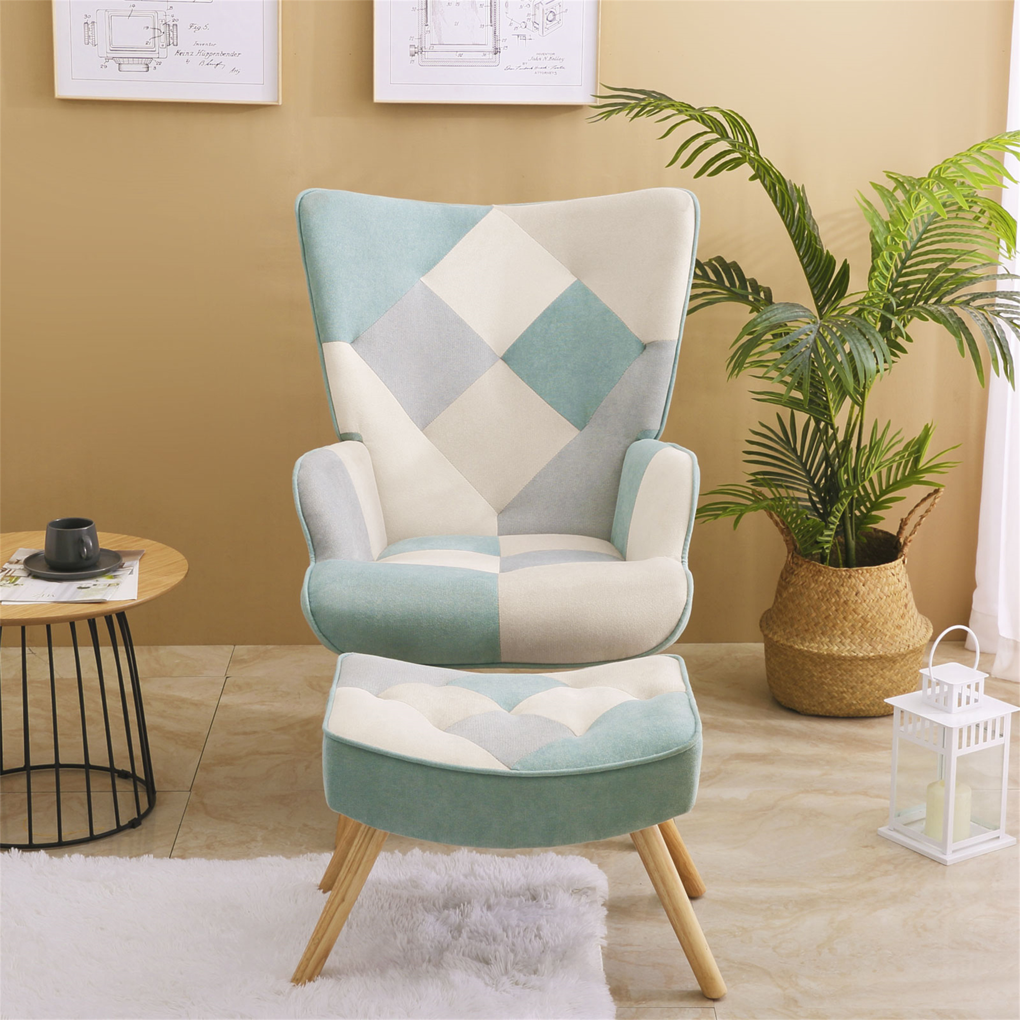 Aukfa Accent Chair with Ottoman, Modern Wing Back Chair for Living Room, Bedroom, Wooden Legs, Blue - Image 9