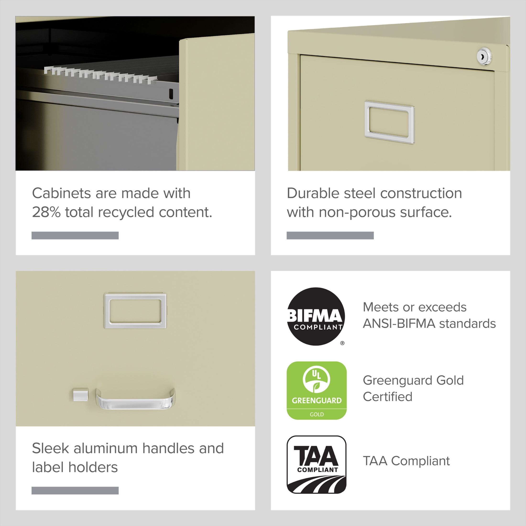 Hirsh 22" Deep 4 Drawer Letter Width Vertical File Cabinet, Commercial Grade, Putty - Image 2