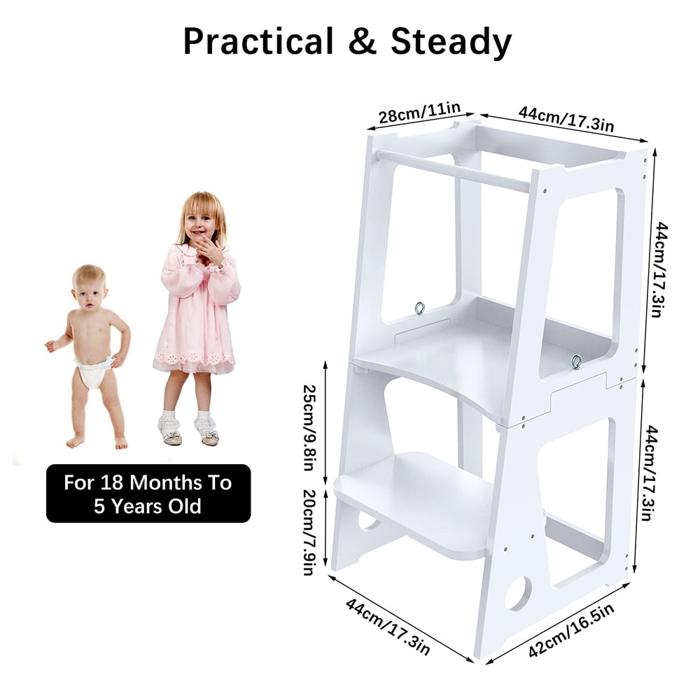 Zzbiqs Kids Kitchen Step Stool with Safety Rail, 2 in 1 Convertible Wooden Toddler Learning Stool Helper Standing Tower for Kitchen Counter, Bathroom, Toilet , White - Image 7