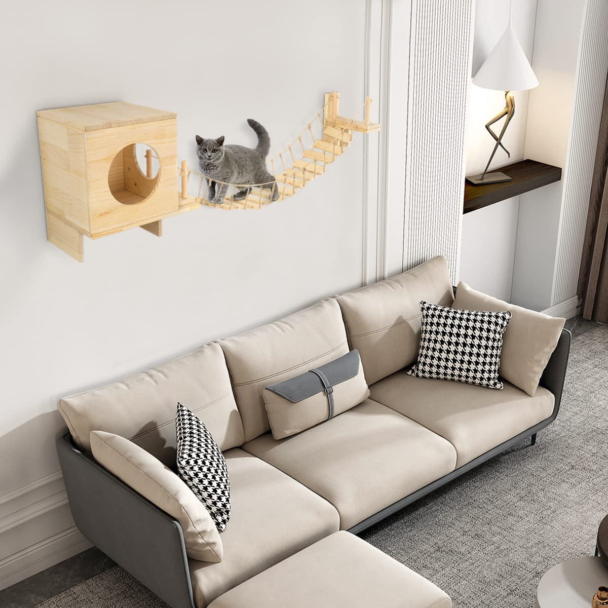 BreeRainz Cat Wall Shelves and Bridge for Indoors Cats, Cat Wall Furniture with Solid Wood Climbing Shelves and House to Play and Rest - Image 3