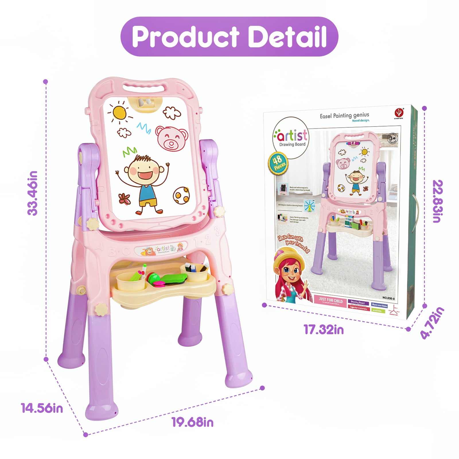 Beefunni Art Easel for Kids 3+, 4 in1 Double-Sided Easel for Toddlers, Large Magnetic Board, Portable Drawing White Board & Chalkboard, Birthday Gifts for Girls 3 4 5 6 - Image 6