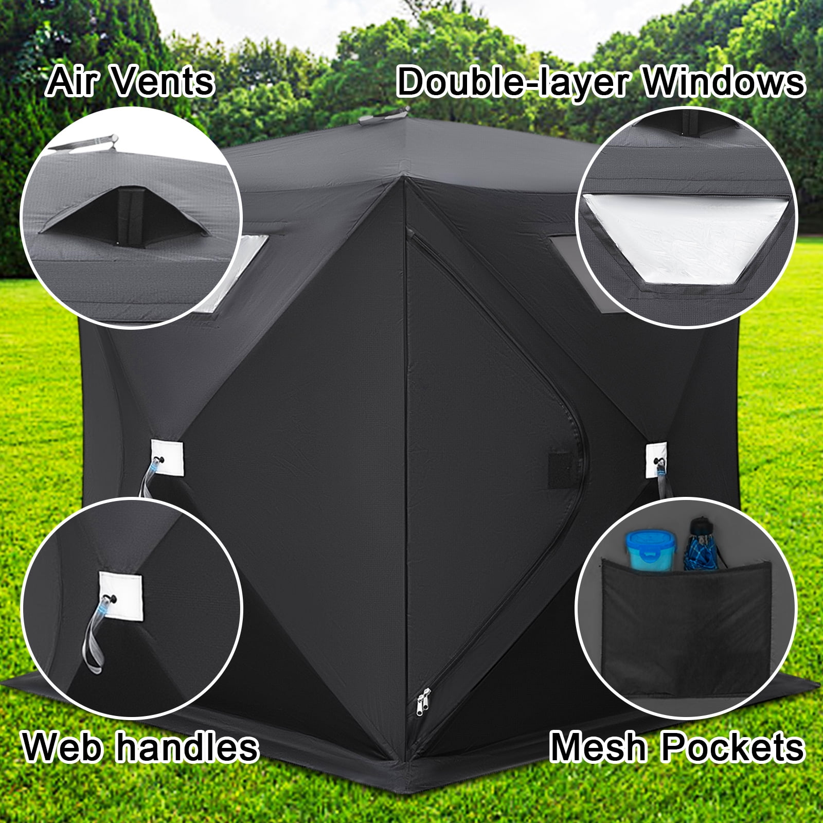 VEVORbrand Ice Fishing Shelter Tent, 2 Person 300 D Oxford Fabric Portable, Strong Waterproof for Outdoor Fishing, 148 x 148 x 168 cm, Black - Image 8