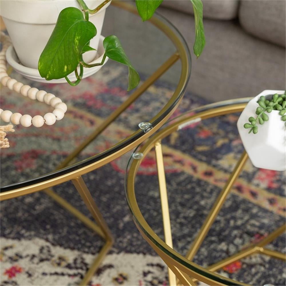 Walker Edison Round Glass Top Nesting Coffee Table Set with Gold Base - Image 3