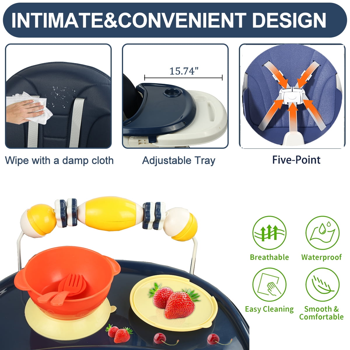 YANAOFFE Baby High Chair 4-in-1 Convertible Baby Highchair with Double-Layer Tray and Toy, Blue - Image 6