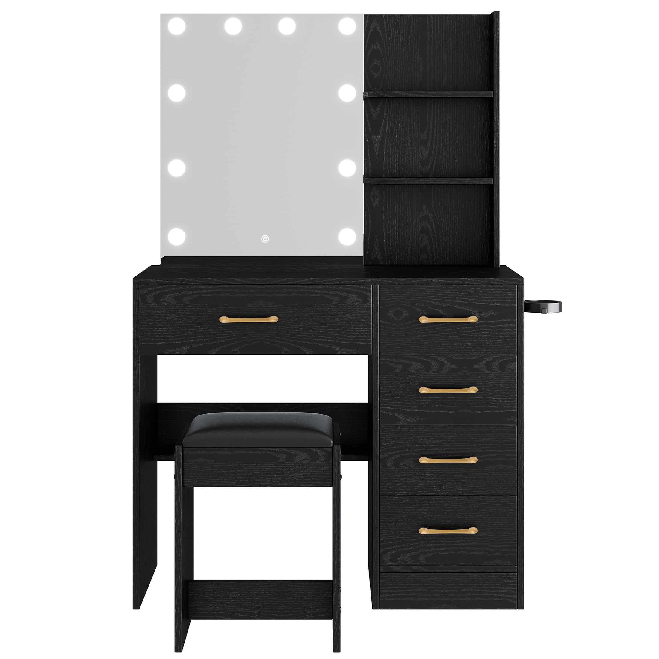 Vanity Set with Mirror, UHOMEPRO Lighted Makeup Vanity Desk with 5 Drawers, 3 Storage Shelves, Hair Dryer Rack, and Cushioned Stool, Modern Makeup Desk Dressing Table for Girls Bedroom, Black - Image 5