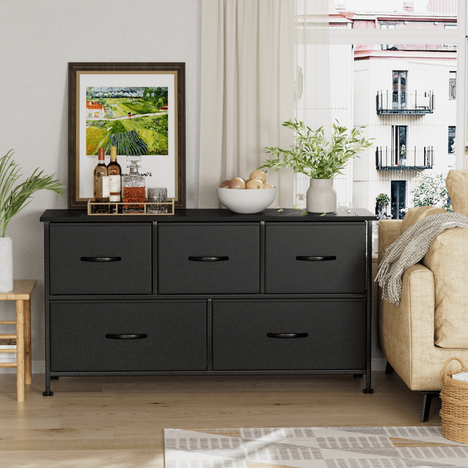 Vineego Dresser for Bedroom with 5 Drawers, Wide Chest of Drawers, Fabric Dresser,Black - Image 4