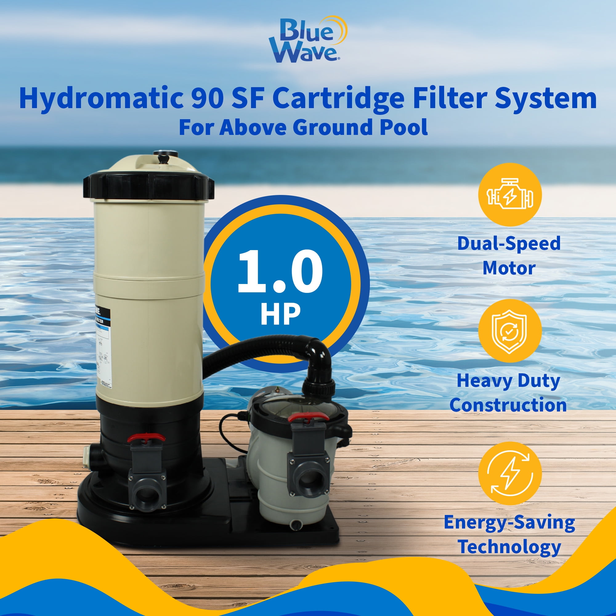 Blue Wave Hydromatic 90 SF Above Ground Pool Cartridge Filter System with 1 HP Pump - 1-HP - Image 7