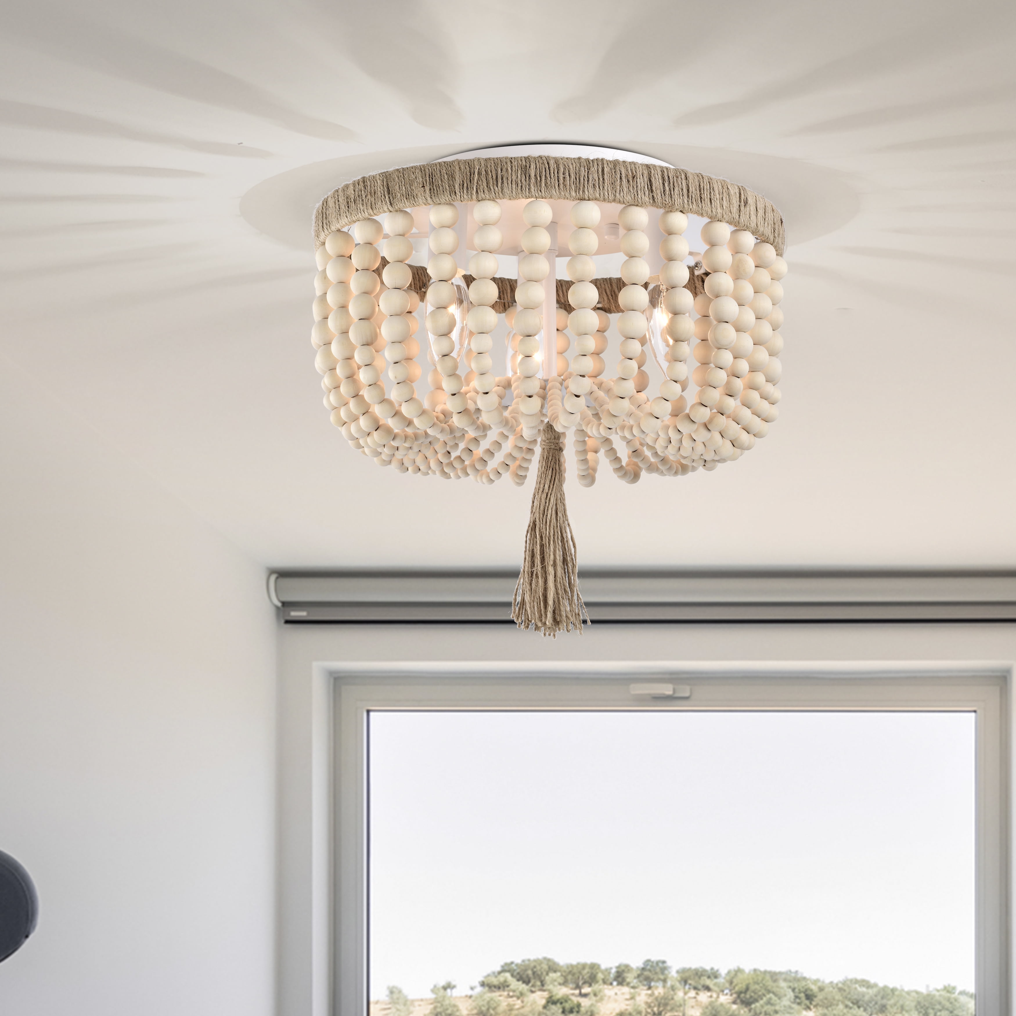 Wood Bead Chandelier Flush Mount Ceiling Light Fixture 3-Light Boho Light Fixtures Ceiling Farmhouse Chandeliers for Bedroom Dining Room - Image 8