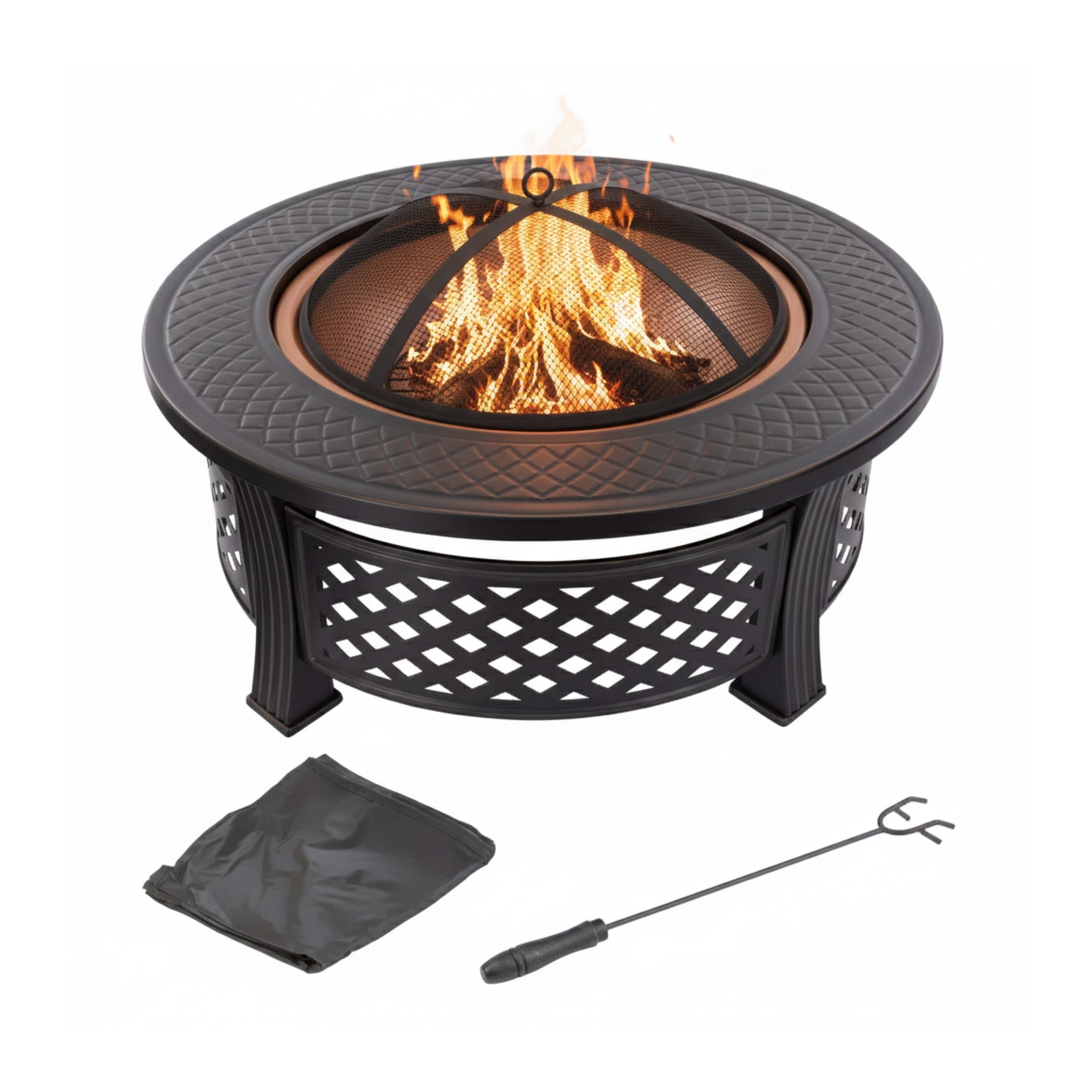 Pure Garden Outdoor Fire Pit – 32” Round Wood Burning Pit with Spark Screen, Poker & Cover, Bronze - Image 4