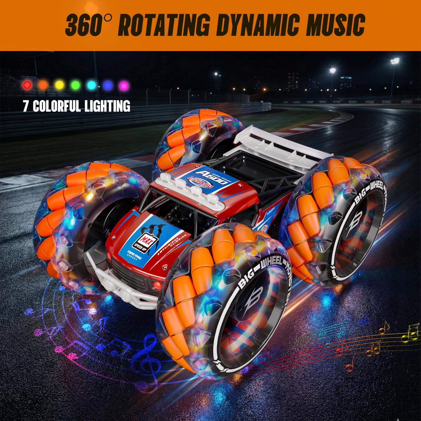 RC Car Truck, Keenstone 1:10 Giant Wheel Remote Control Toy Car with High-Speed Climbing and Colorful Gradient Lights with Music, Christmas Birthday Gift for Boys Kids, Orange - Image 7