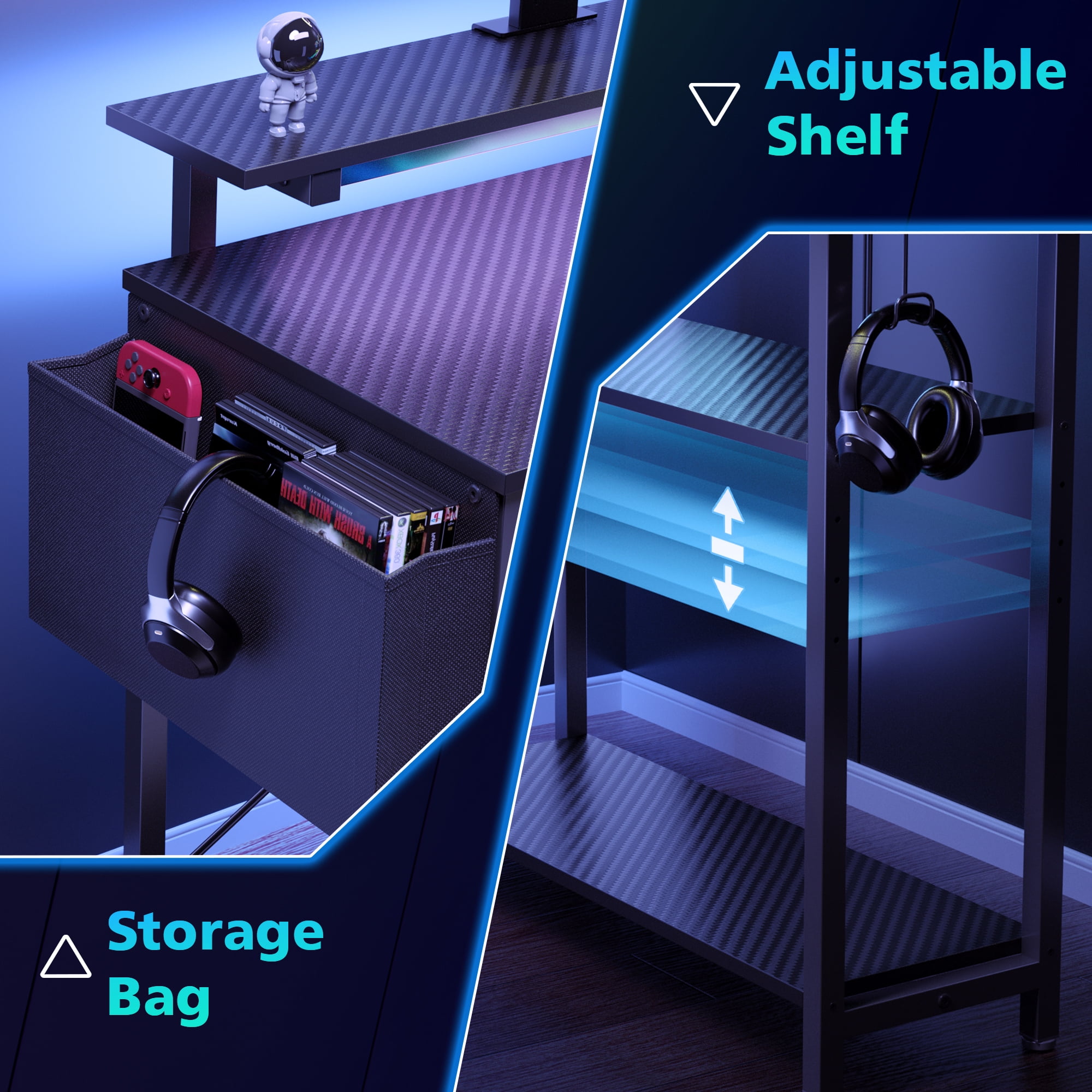 Eunon 42" Gaming Desk with LED Lights Small L Shaped Desk with Power Outlets Monitor Stand Corner Computer Desk,Black Carbon Fiber - Image 5