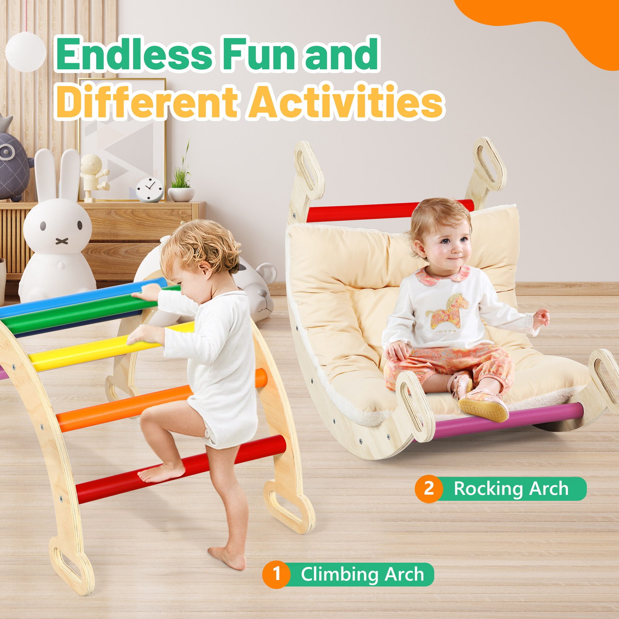 Wilwolfer 3 in 1 Climbing Toys for 1-3 Years Toddlers Montessori Wood Toys Set with Climbing Triangle & Ramp & Arch Indoor Outdoor - Image 6