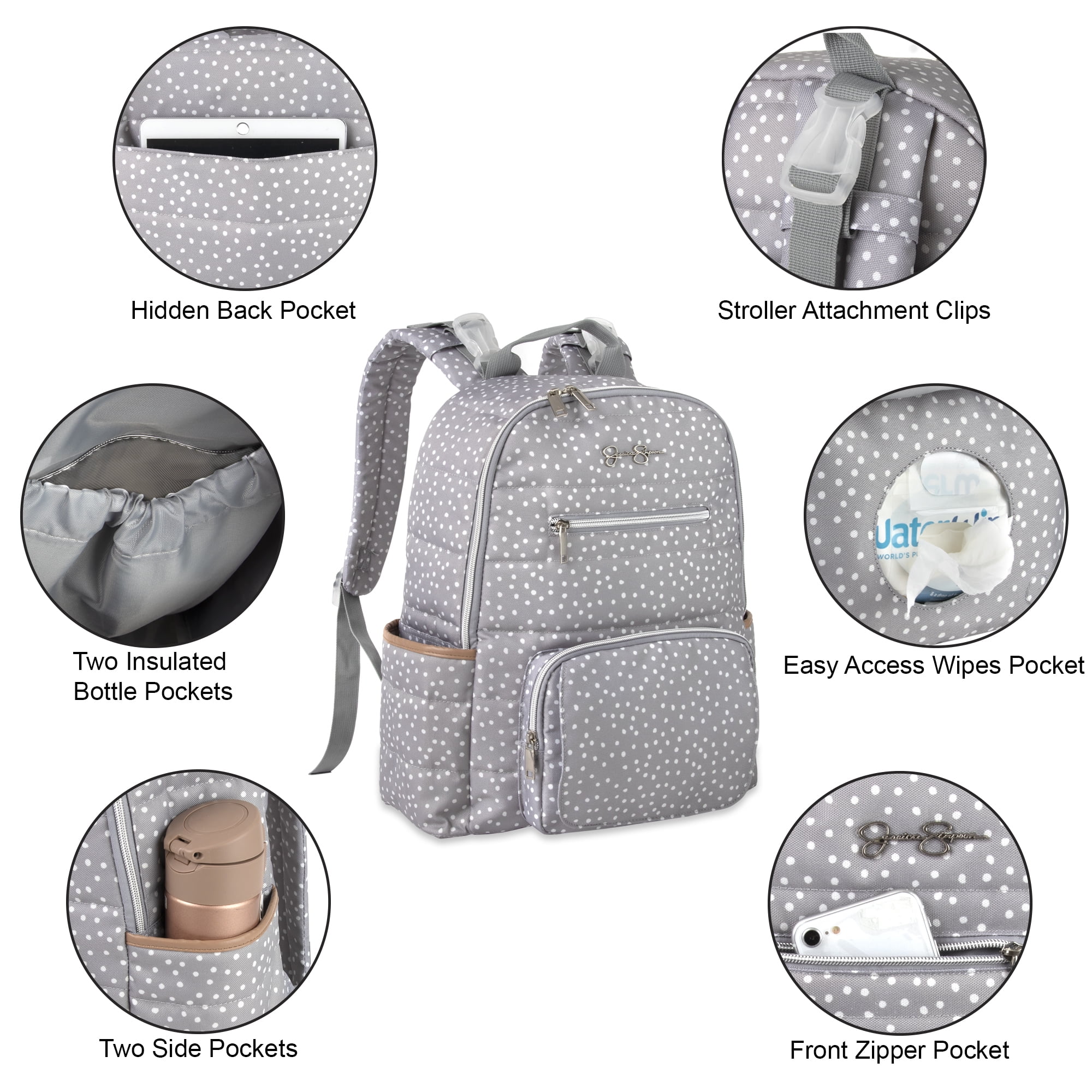 Jessica Simpson Gray Line Quilted Multi-Pocket Dual Zipper Closure Fashion Diaper Bag Backpack in Dots with Magnetic Front Baby Wipe Pocket, Matching 3-Ply Folding Baby Changing Pad - Image 5