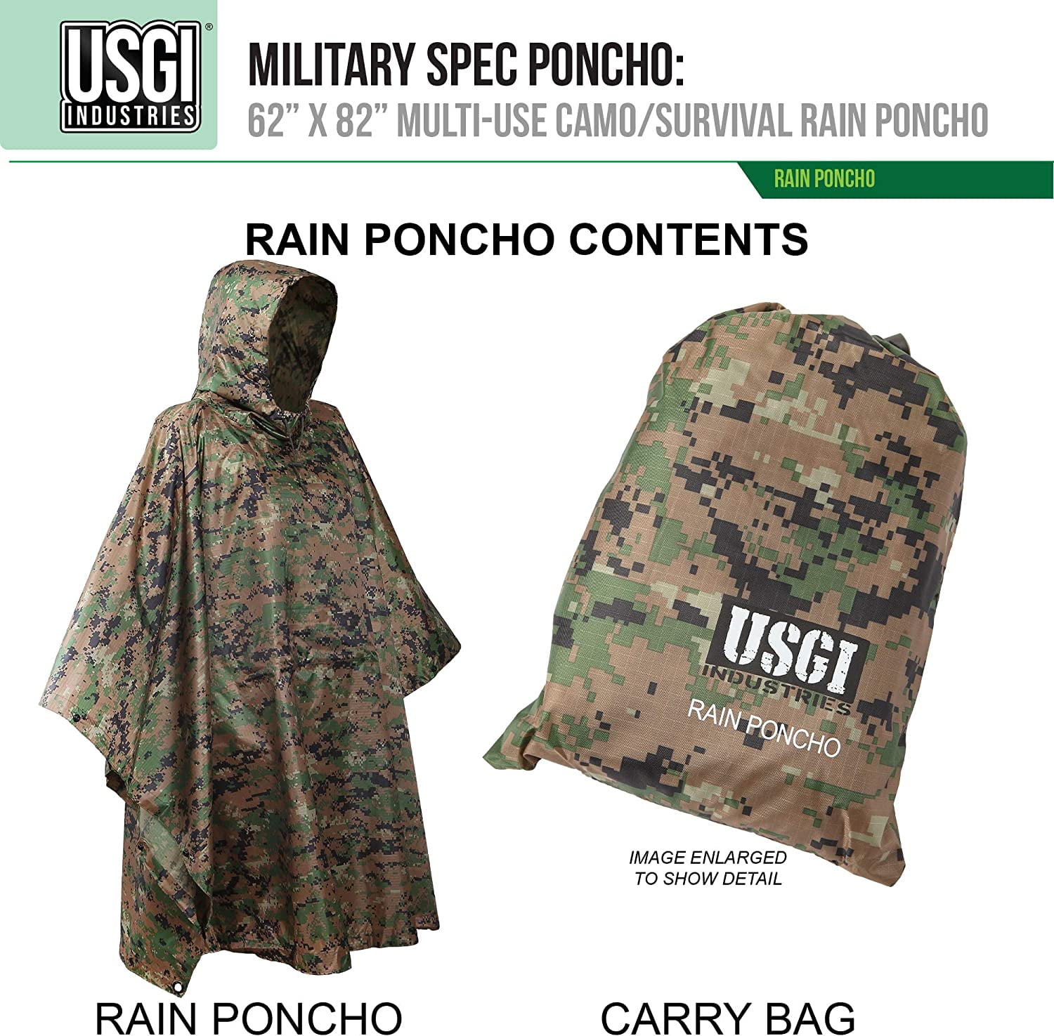 USGI Industries Military Style Poncho - Emergency Tent, Shelter, Survival - Multi Use Rip Stop Camouflage Rain Poncho - Image 3