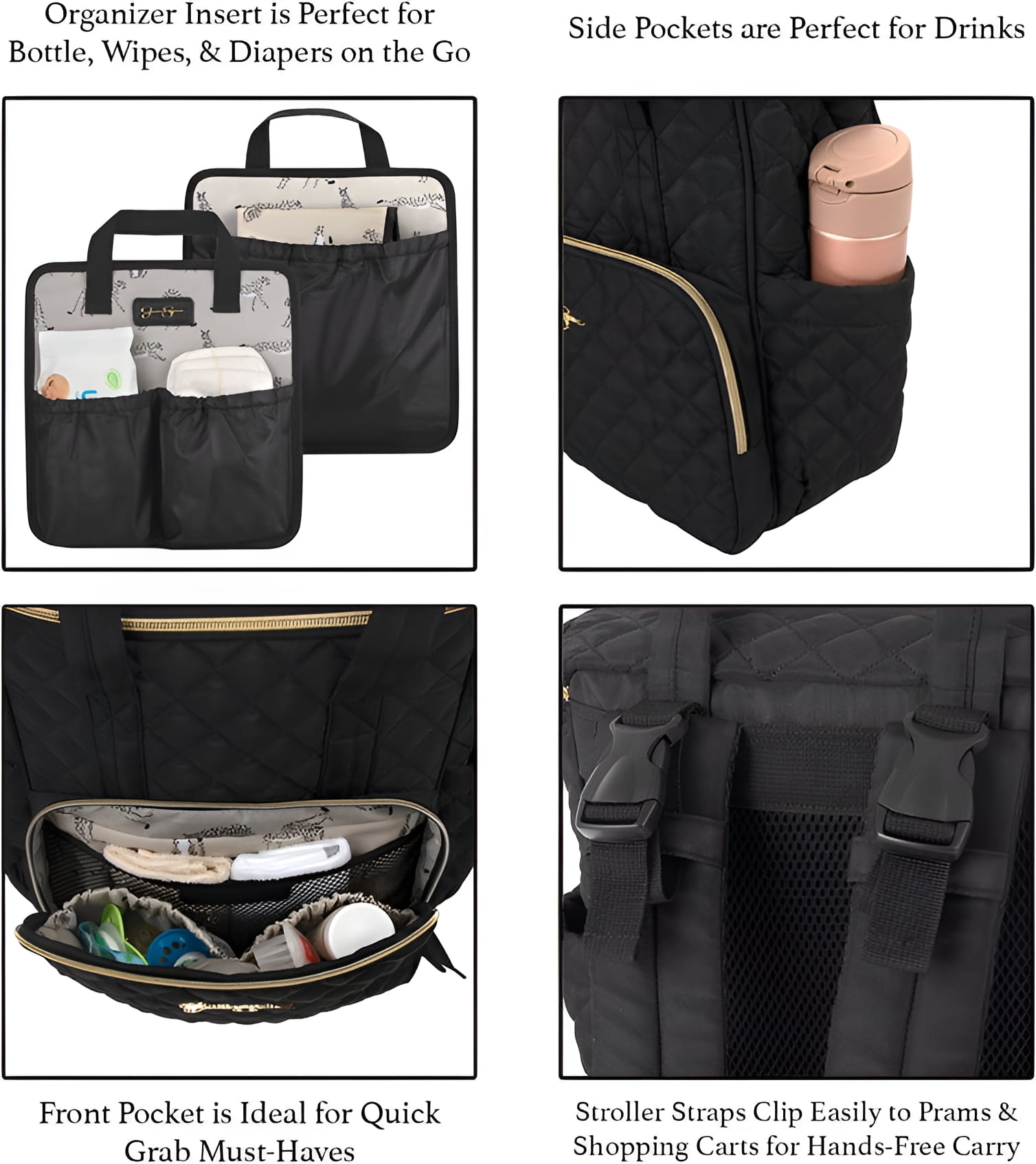 Jessica Simpson Black Diamond Quilted Multi-Pocket Dual Zipper Closure Fashion Diaper Bag Tote and Backpack with Running Cheetah Interior, Matching 3-Ply Folding Baby Changing Pad & Changing Caddy - Image 10