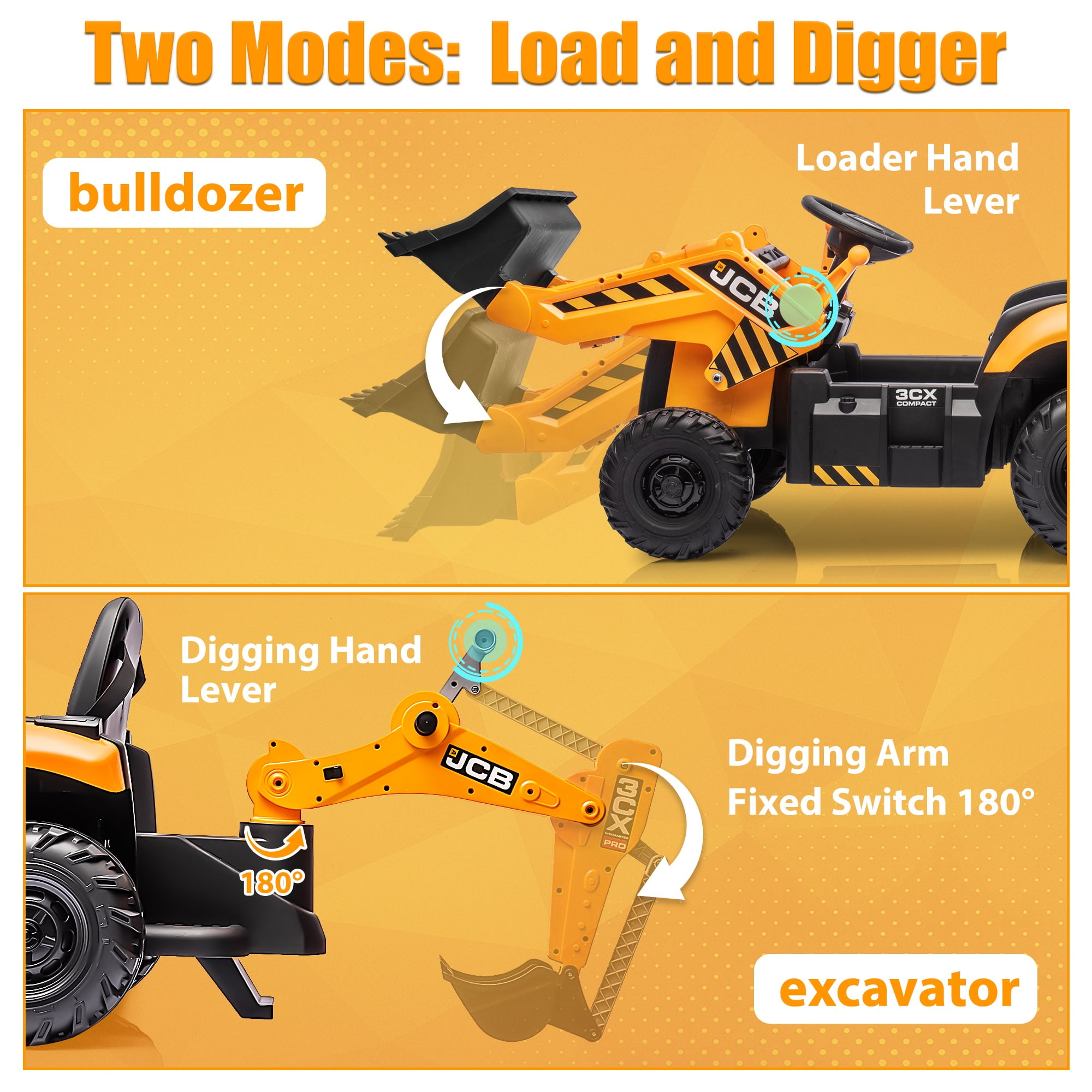12V Kids Ride on Excavator Digger Toy Cars, JCB Battery Powered Electric Tractor with Remote Control, Ride on Construction Truck w/Adjustable Front/ Back Loader and Shovel for 3-6 Boys Girls, Yellow - Image 5