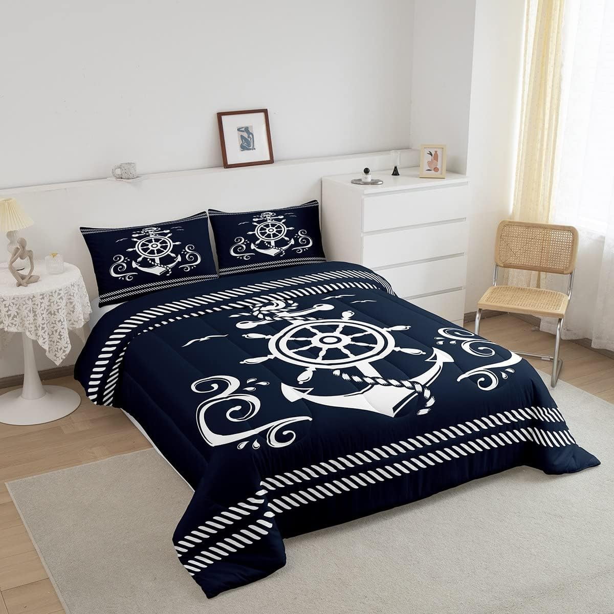 Erosebridal Nautical Anchor Bedding Set , Compass Adventure Comforter Set Coastal Compass Duvet Sets Ocean Sailboat Bedding Comforters Teens Adult Bedroom, Navy Blue(Queen Size) - Image 6