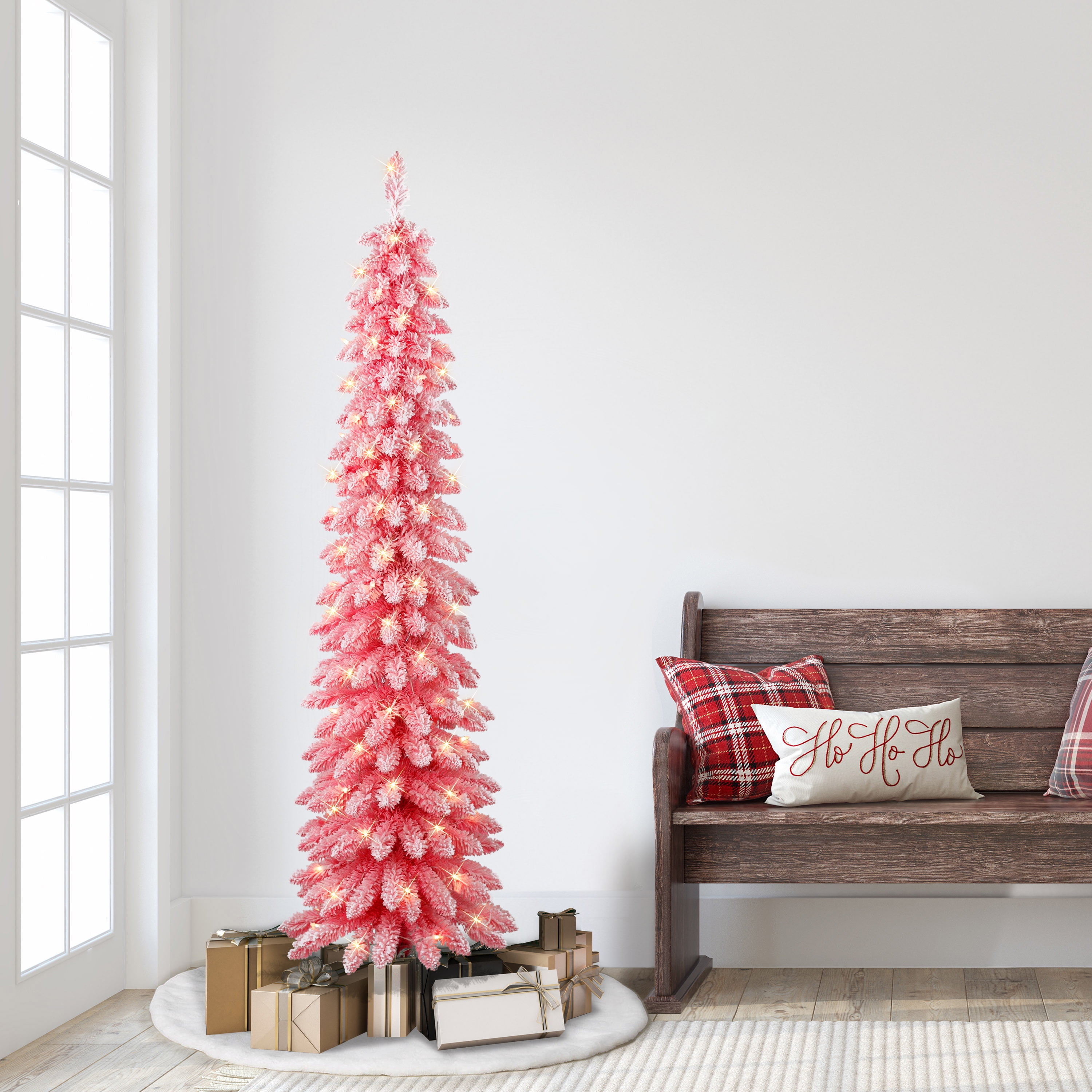 6 ft Pre-Lit Flocked Pink Artificial Alpine Pencil Tree - Image 6