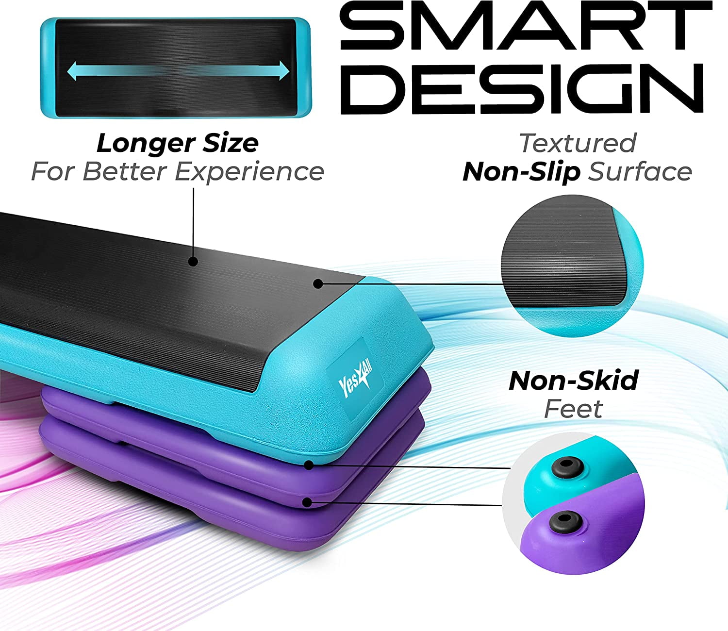 Yes4All Adjustable Aerobic Step Platform, 40 in x 16 in with 4 Risers, Teal, Black and Purple - Image 6
